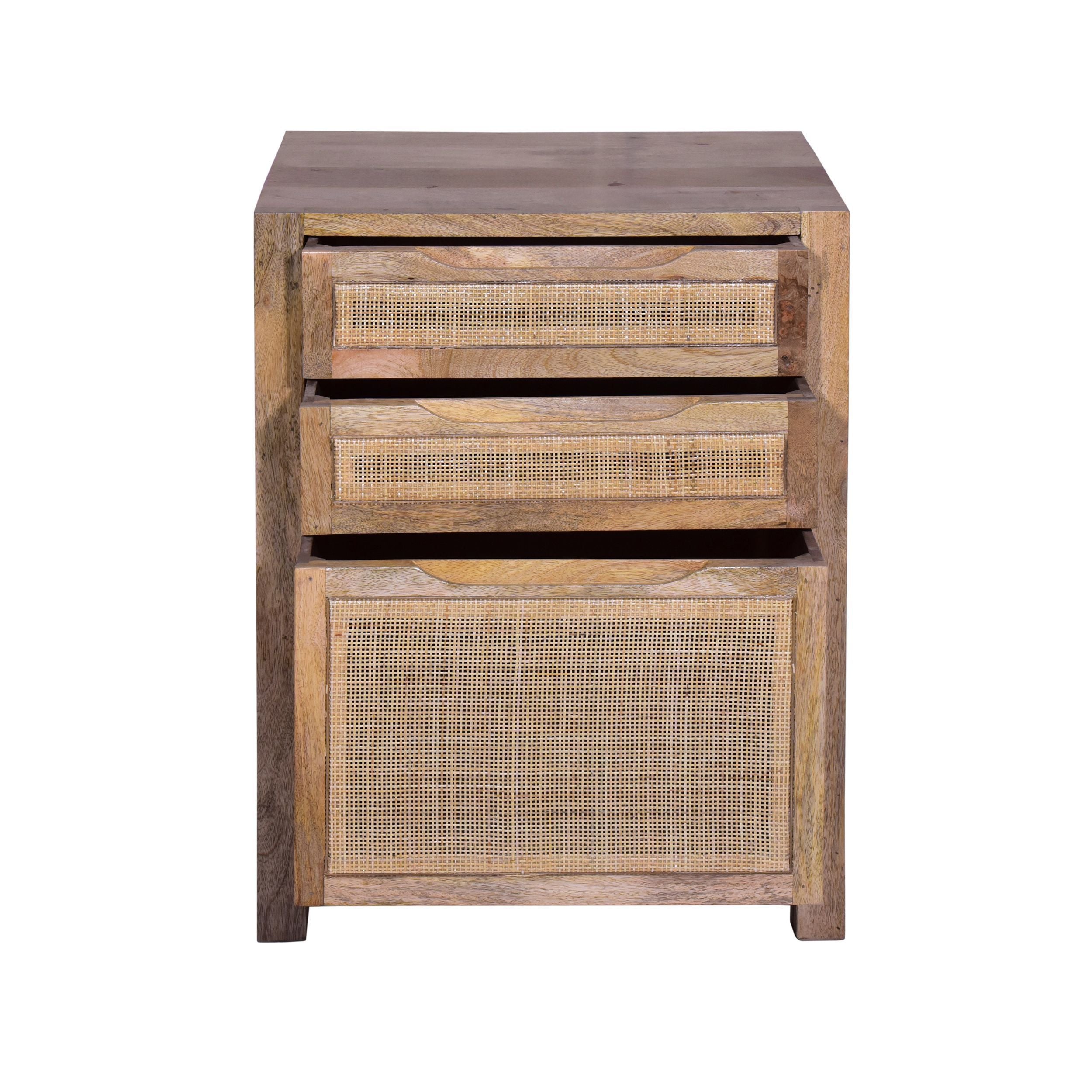 31 Inch Cottage Mango Wood Storage Cabinet Table, Cane Rattan Panels, 3 Drawers - Natural Brown