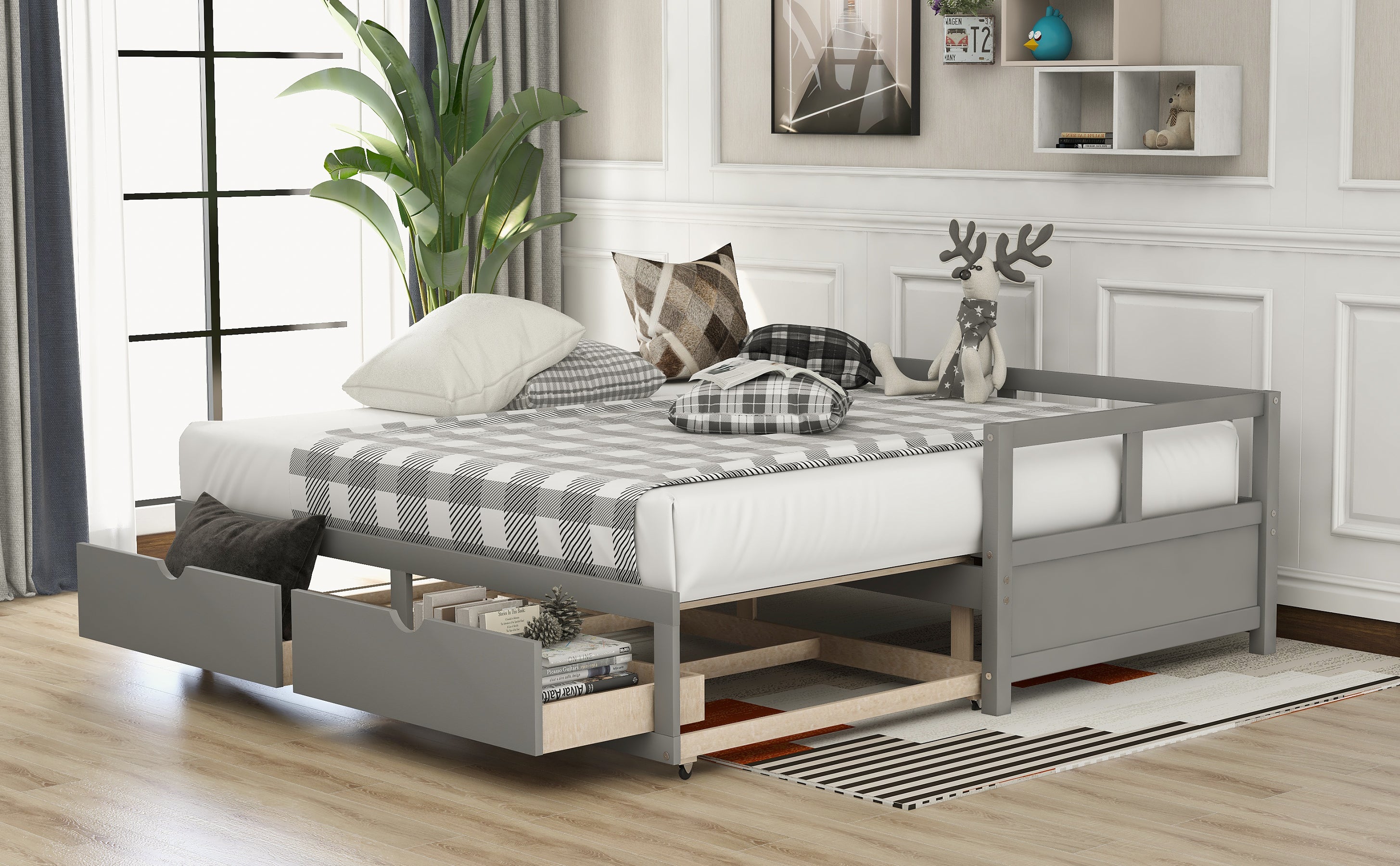 Extendable Daybed with Trundle Bed and Two Storage Drawers - Gray