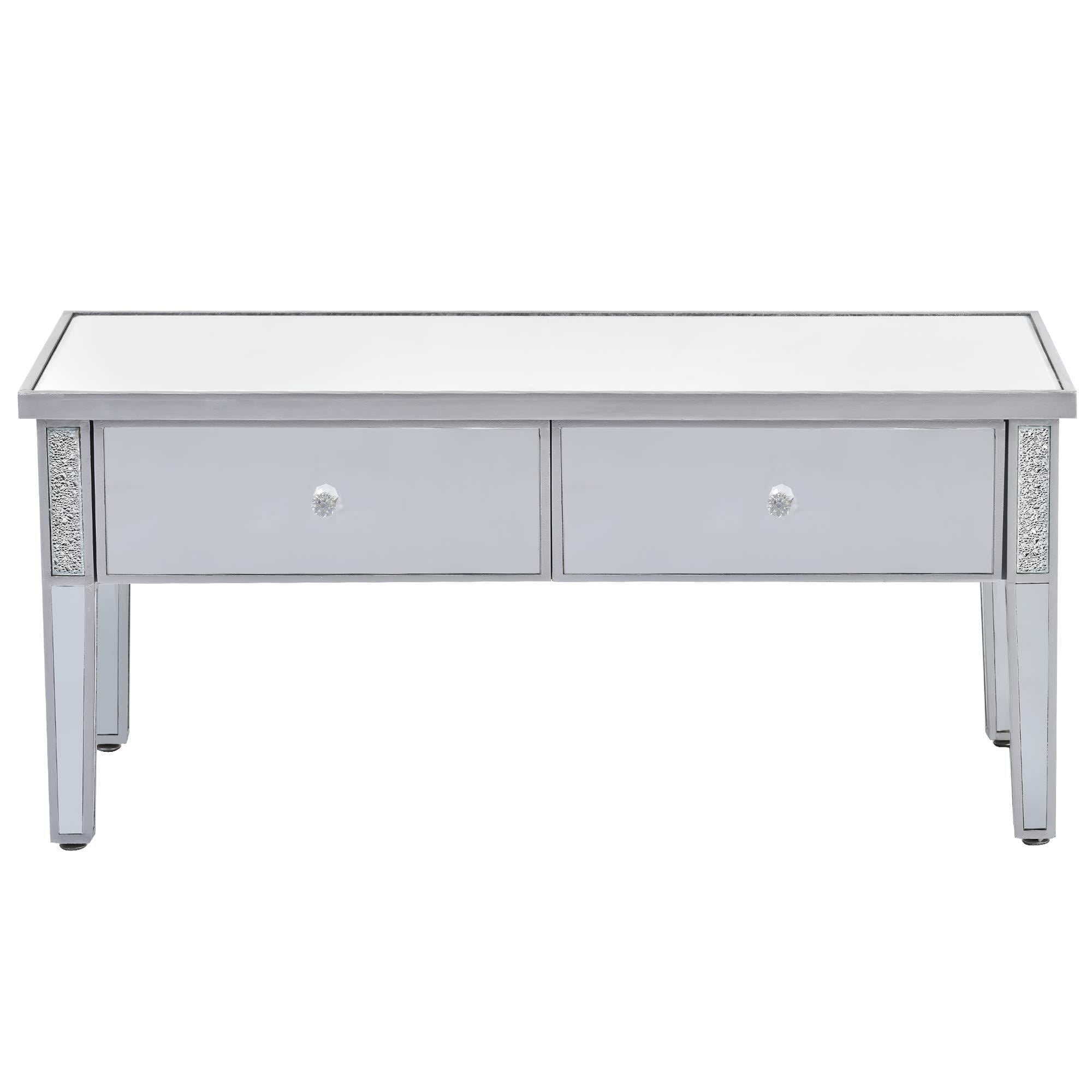 Modern Glass Mirrored Coffee Table with 2 Drawers, Cocktail Table with Crystal Handles and Adjustable Height Legs - Silver