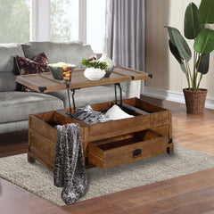 Rustic Single Drawer Mango Wood Coffee Table with Lift Top Storage - Brown