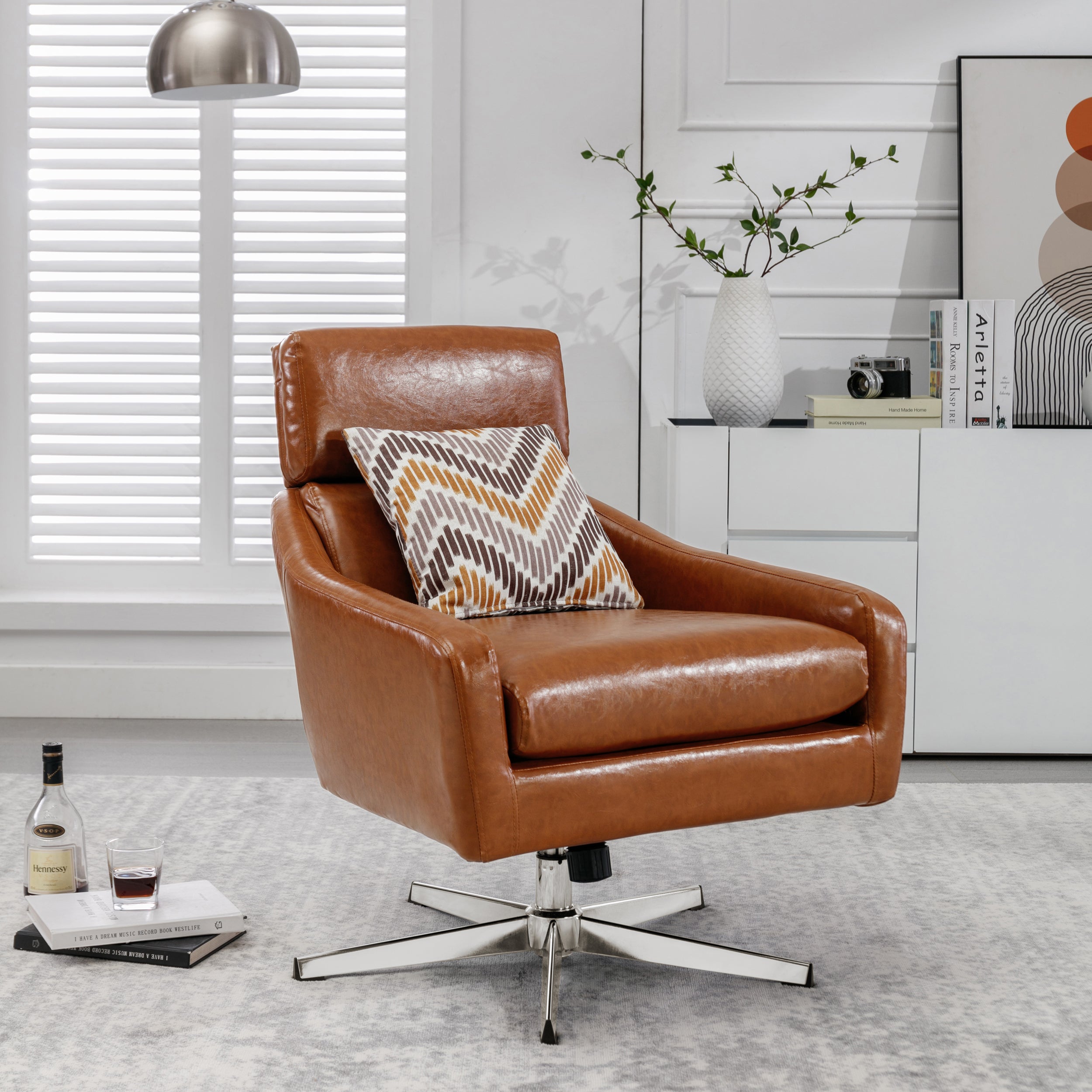 PU Leather Swivel Armchair with Ottoman - Brown