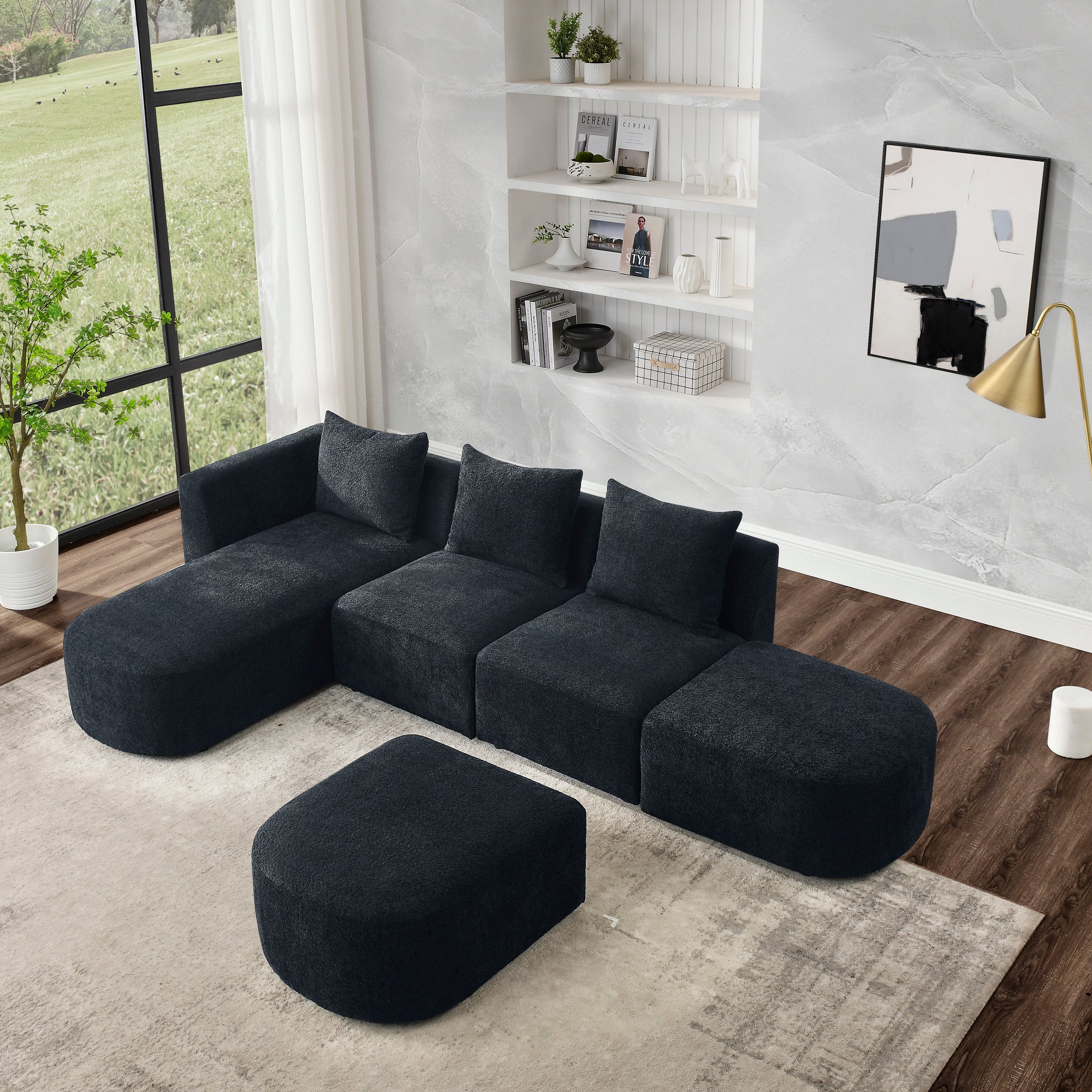 L Shape Sectional Sofa including Two Single Seats, Left Side Chaise and Two Ottomans - Black