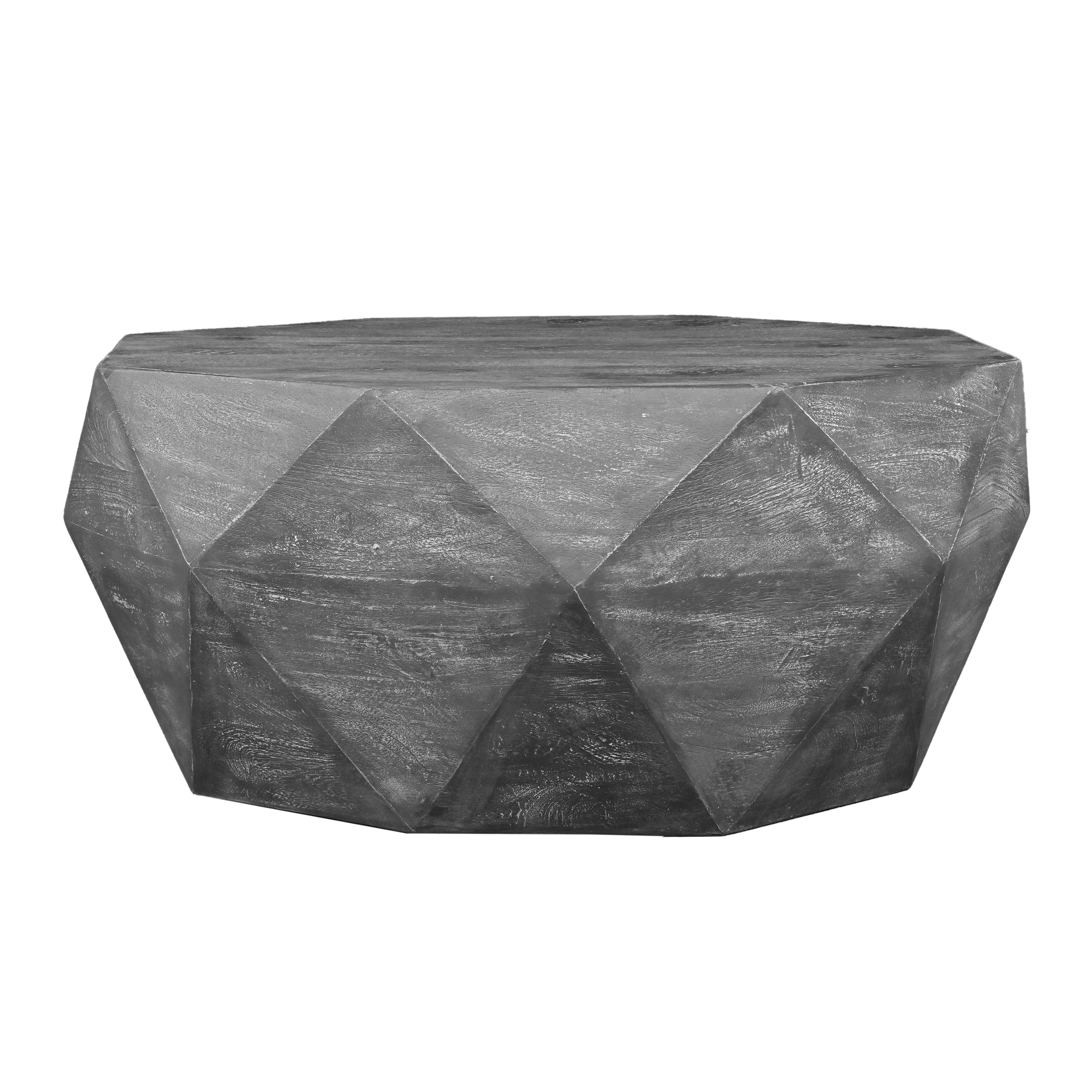 34 Inch Handcrafted Mango Wood Coffee Table Drum Shape - Rustic Gray