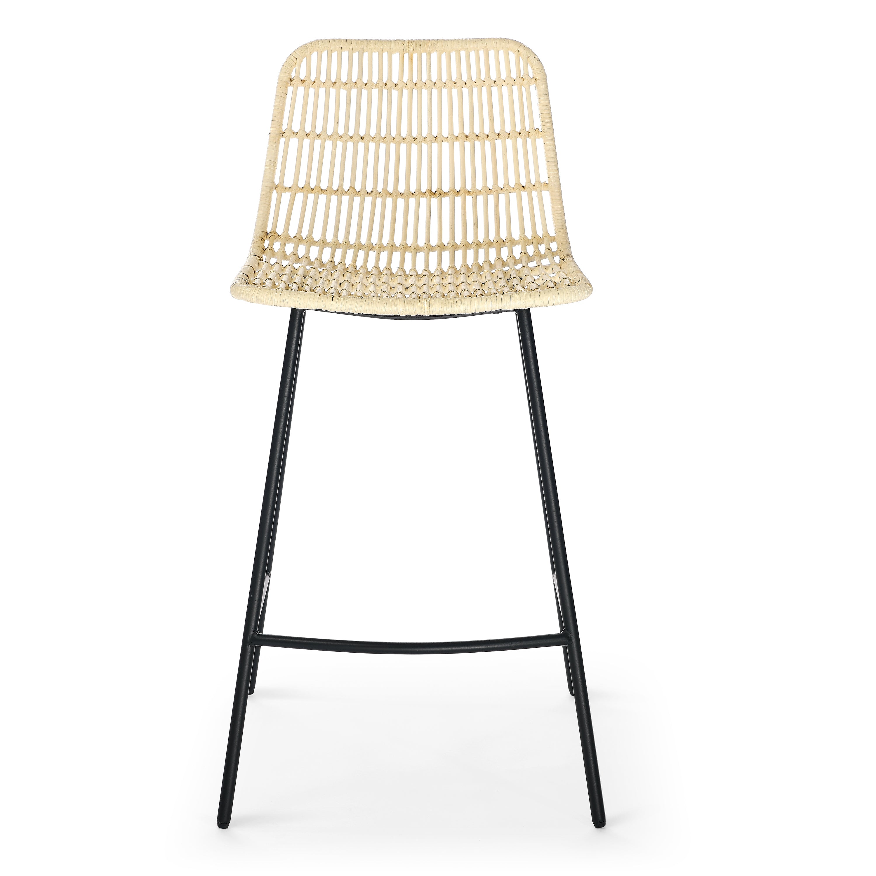 Natural Rattan Indoor Counter Chair, Black Finish Steel Legs (Set of 2)- Natural