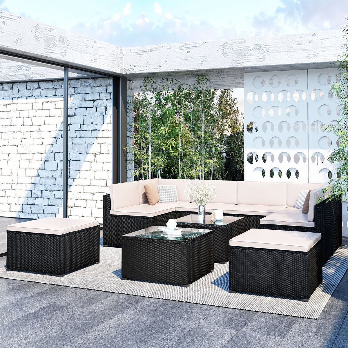MAICOSY 10pc Outdoor Rattan Patio Garden Furniture Wicker Armchair Table Ottoman