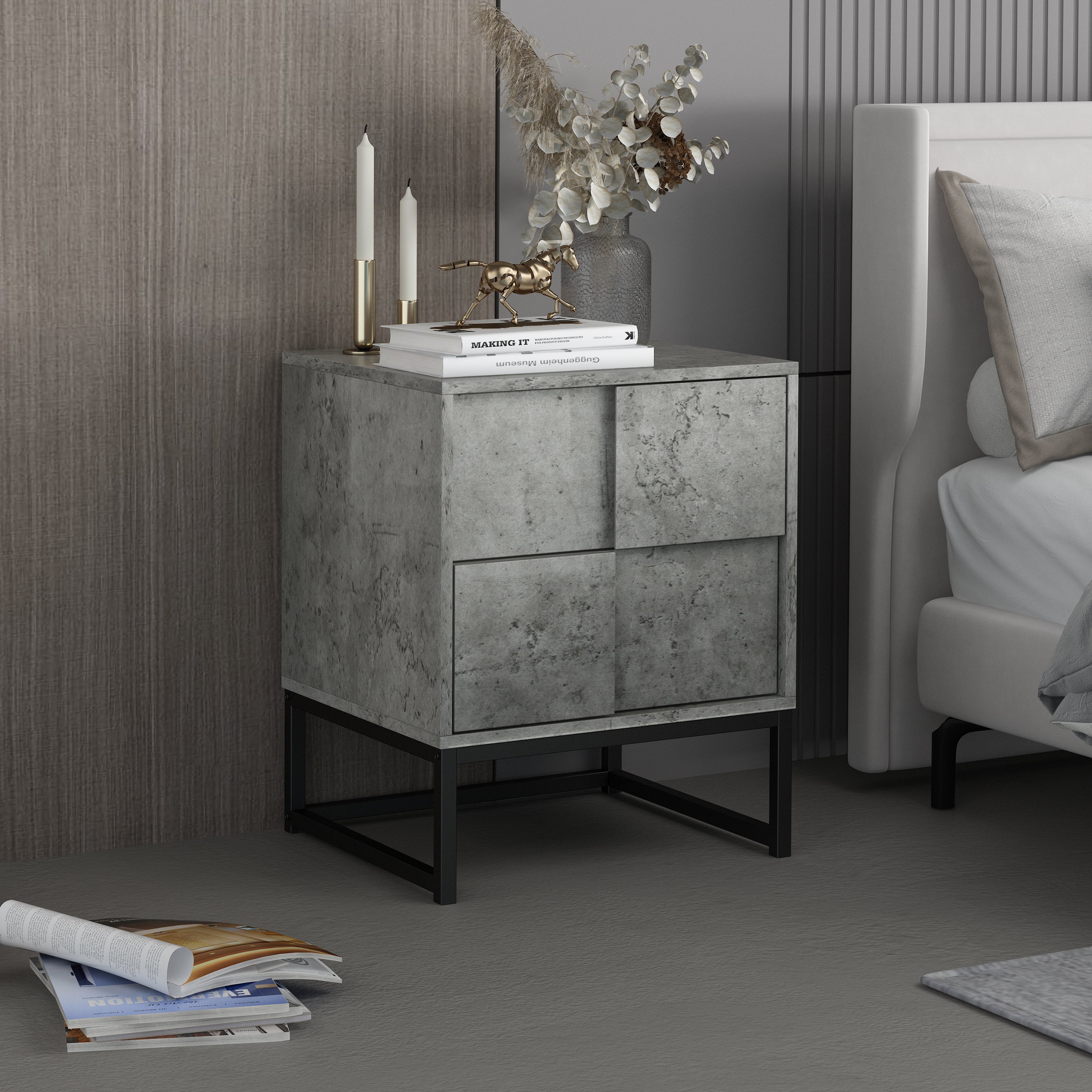 2 Drawer Nightstand,geometric elements - Cement Grey