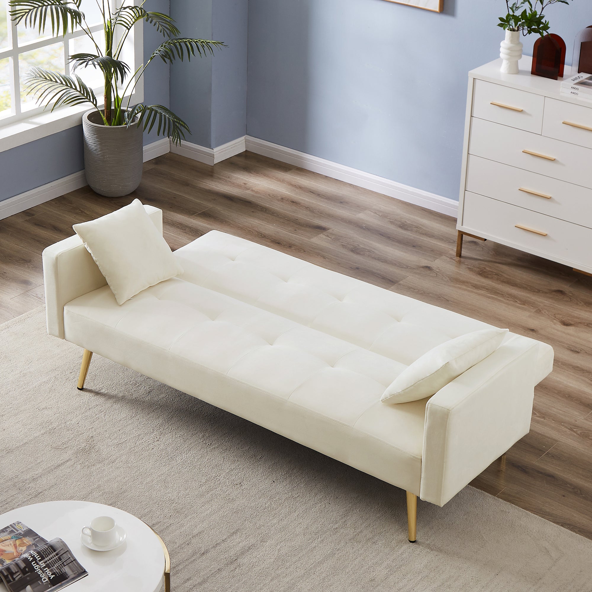 Cream White Velvet Sleeper Convertible Folding Futon Sofa Bed