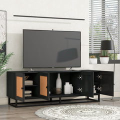 Modern/Bohemian TV Stand Cabinet with 4 Textured Rattan Doors - Espresso