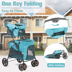 Portable Folding Dog Stroller Travel Cage Stroller for Pet Cat Kitten Puppy Carriages - Large 4 Wheels Elite Jogger - Blue