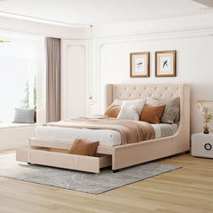 Queen Size Storage Bed Velvet Upholstered Platform Bed - Beige