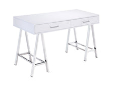 Contemporary Built-in USB Port Writing Desk - White High Gloss & Chrome Finish
