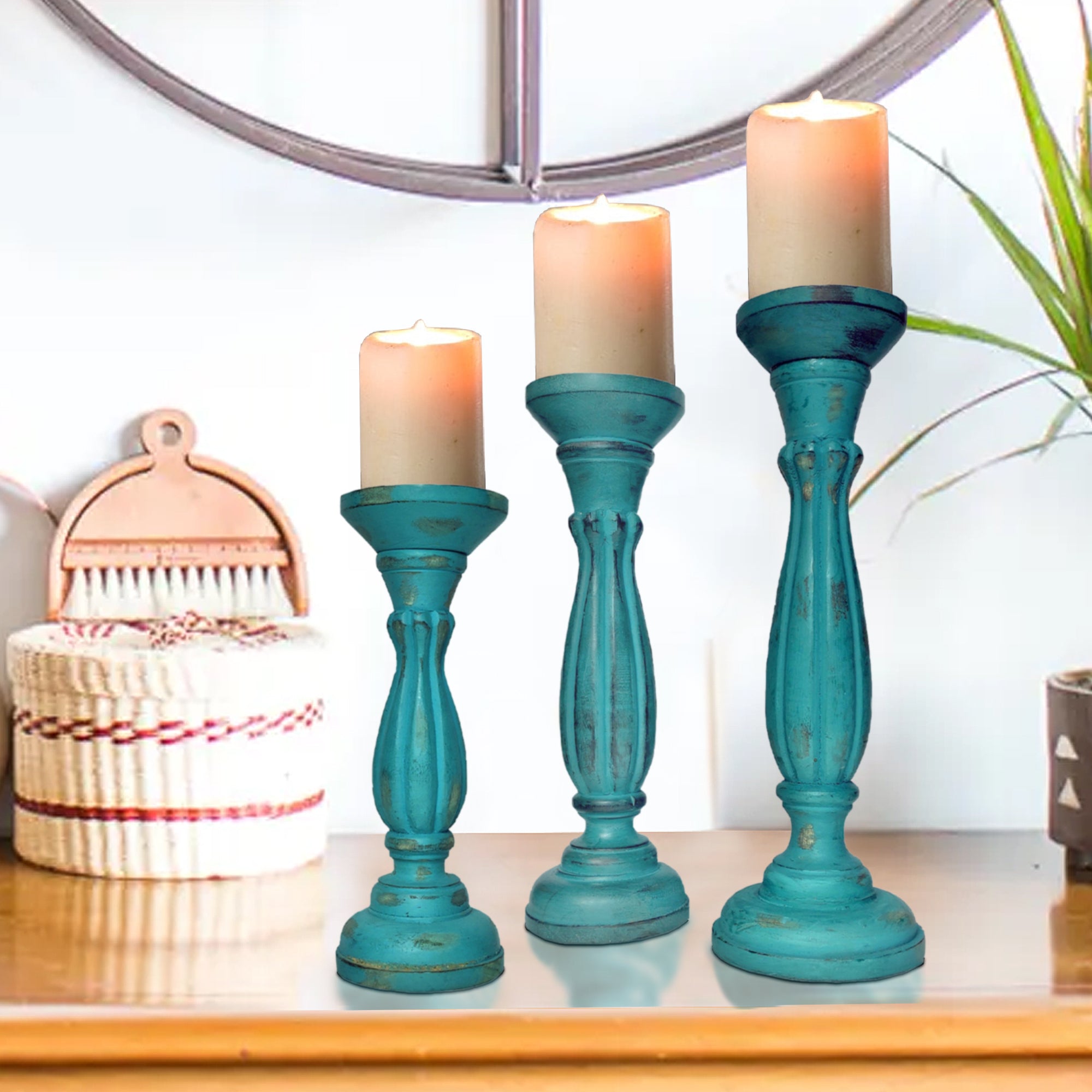 Handmade Wooden Candle Holder with Pillar Base Support (Set of 3) - Turquoise Blue