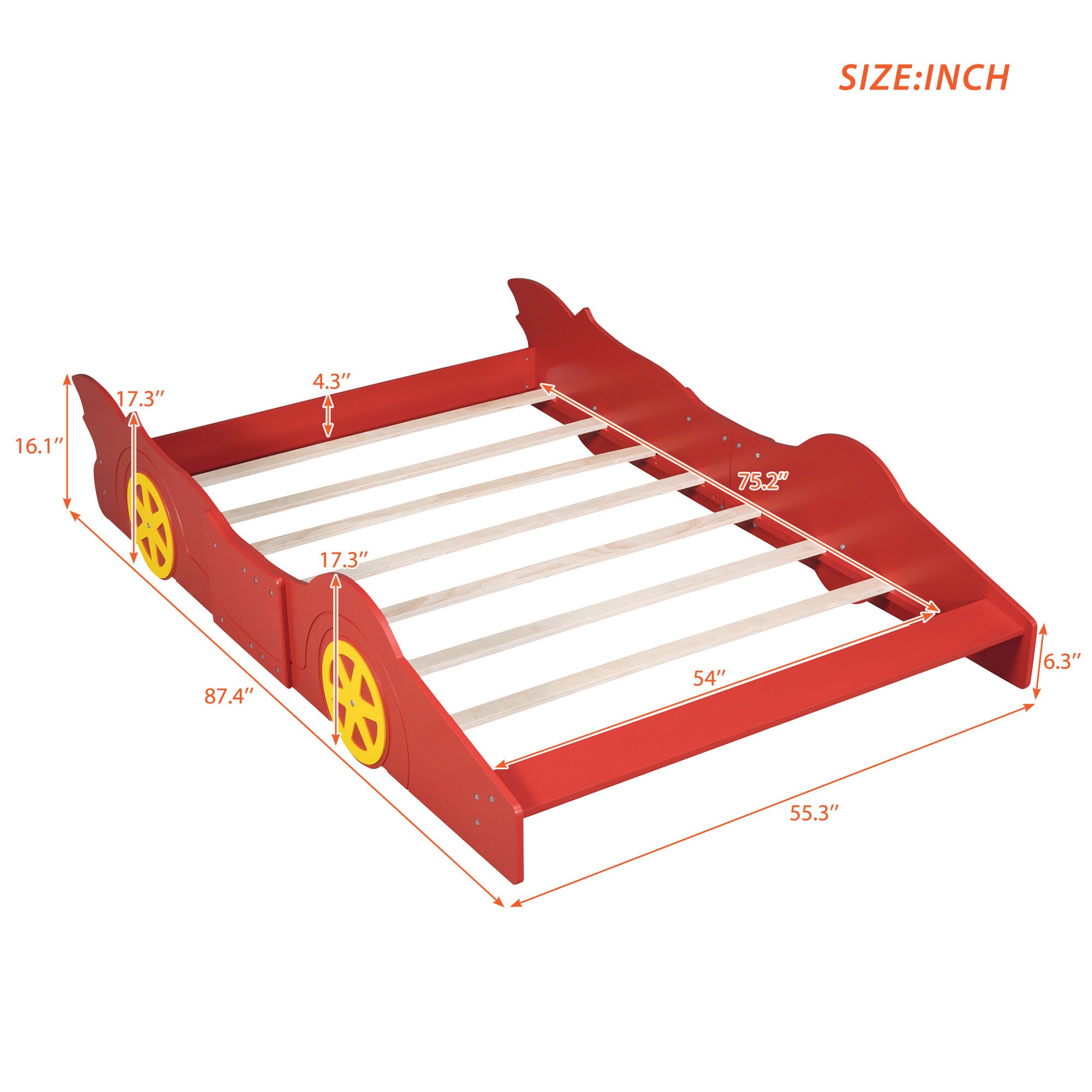 Full Size Race Car-Shaped Platform Bed with Wheels - Red