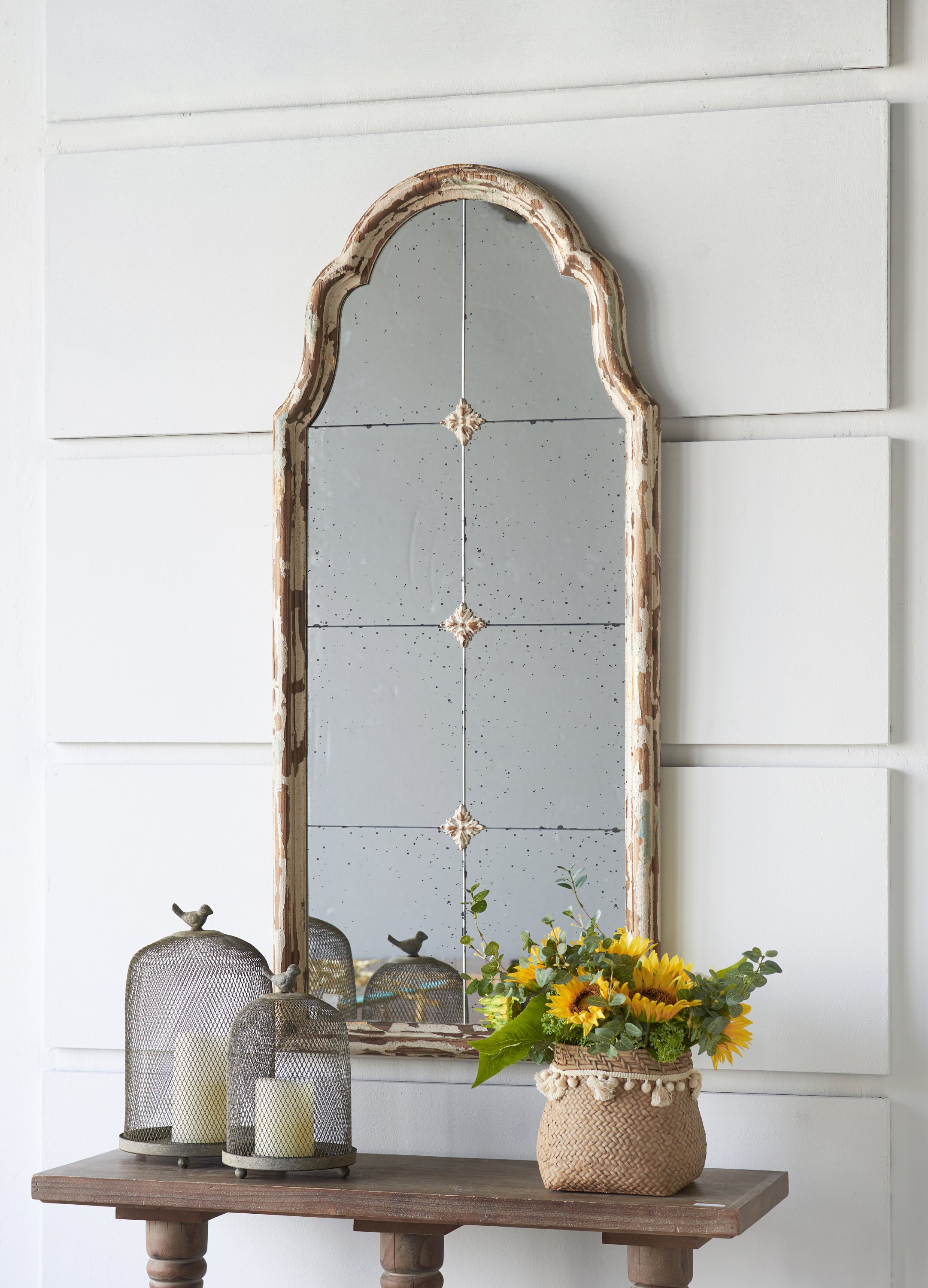 Large Cream & Gold Framed Wall Mirror, Wood Arched, 22" x 48"