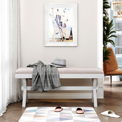 Farmhouse Rustic Wood Upholstered Bench - Beige+White