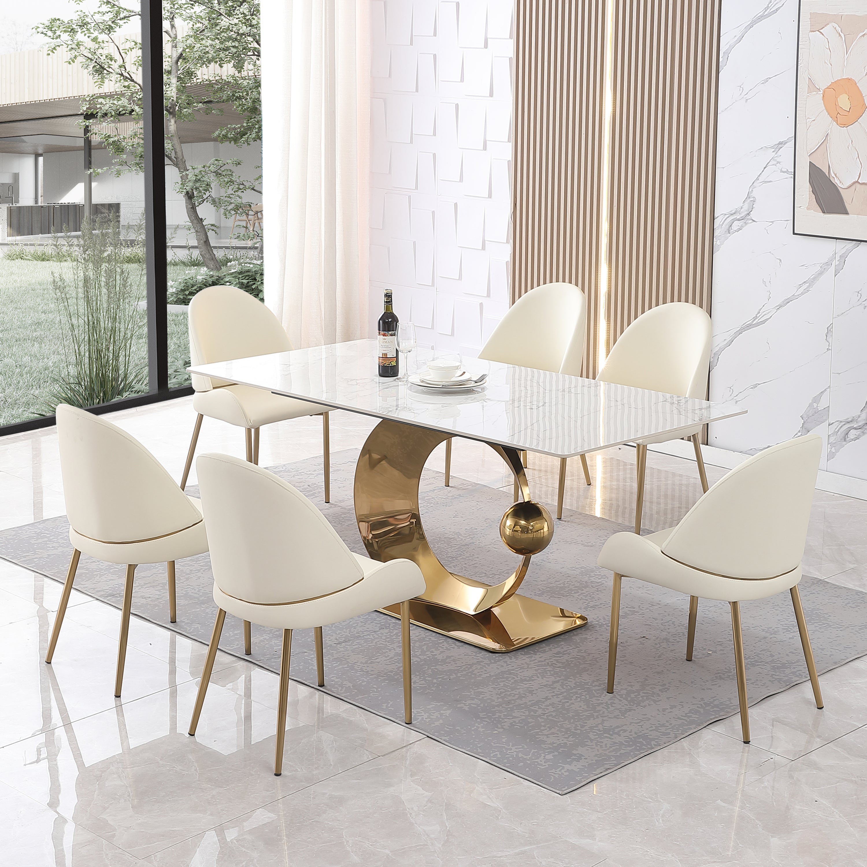 Stone Dining Table with Carrara White color and Round special shape stainless steel Gold Pedestal Base
