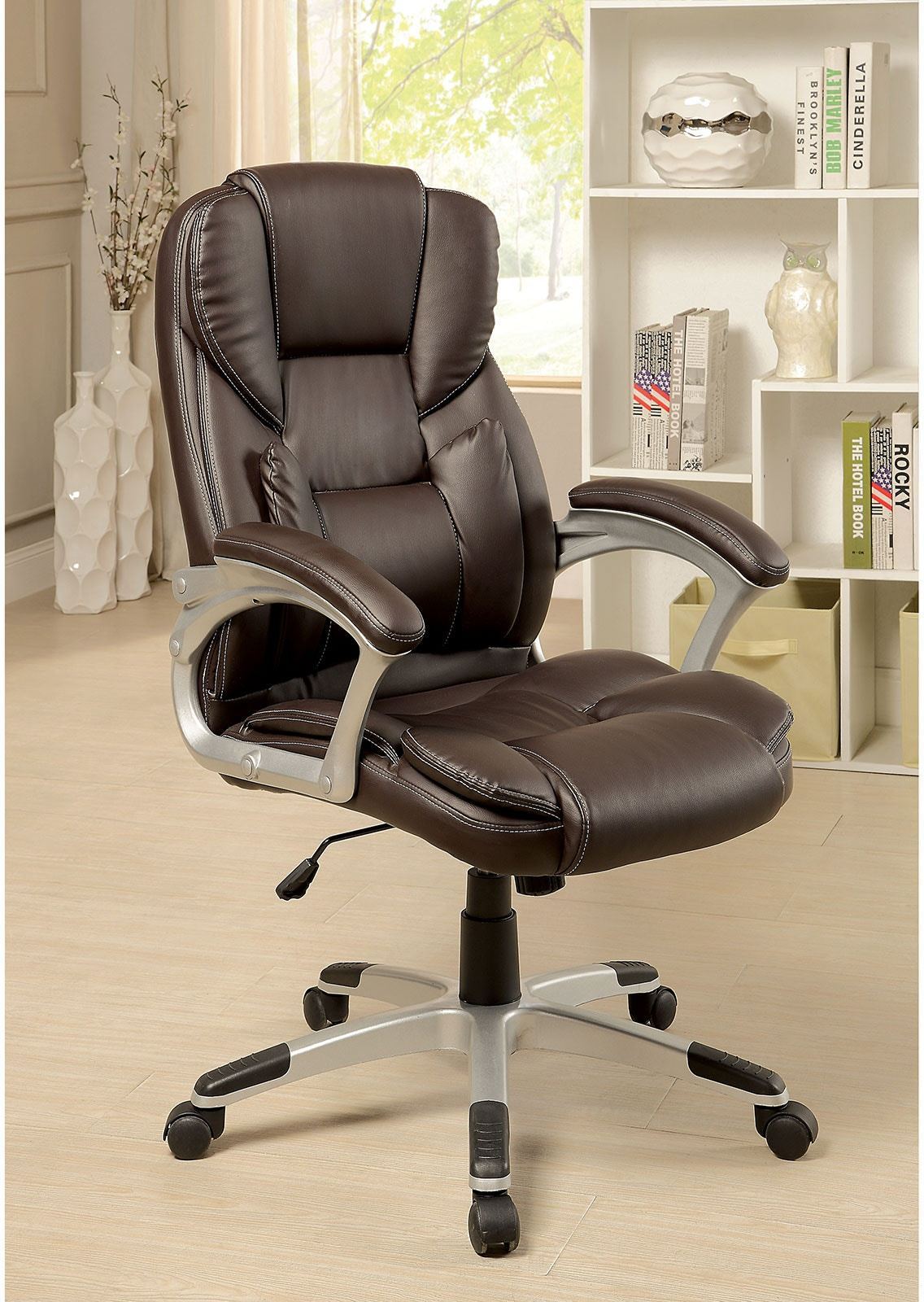 Comfortable Modern Contemporary Office Chair - Brown Leatherette Padded Armrests