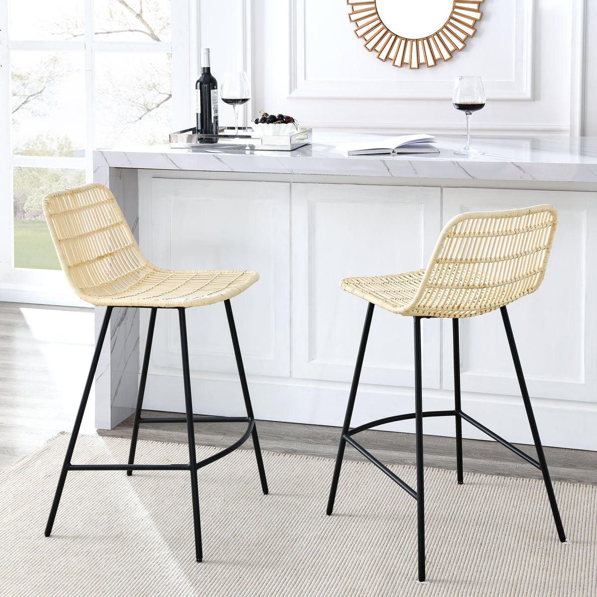 Natural Rattan Indoor Counter Chair, Black Finish Steel Legs (Set of 2)- Natural