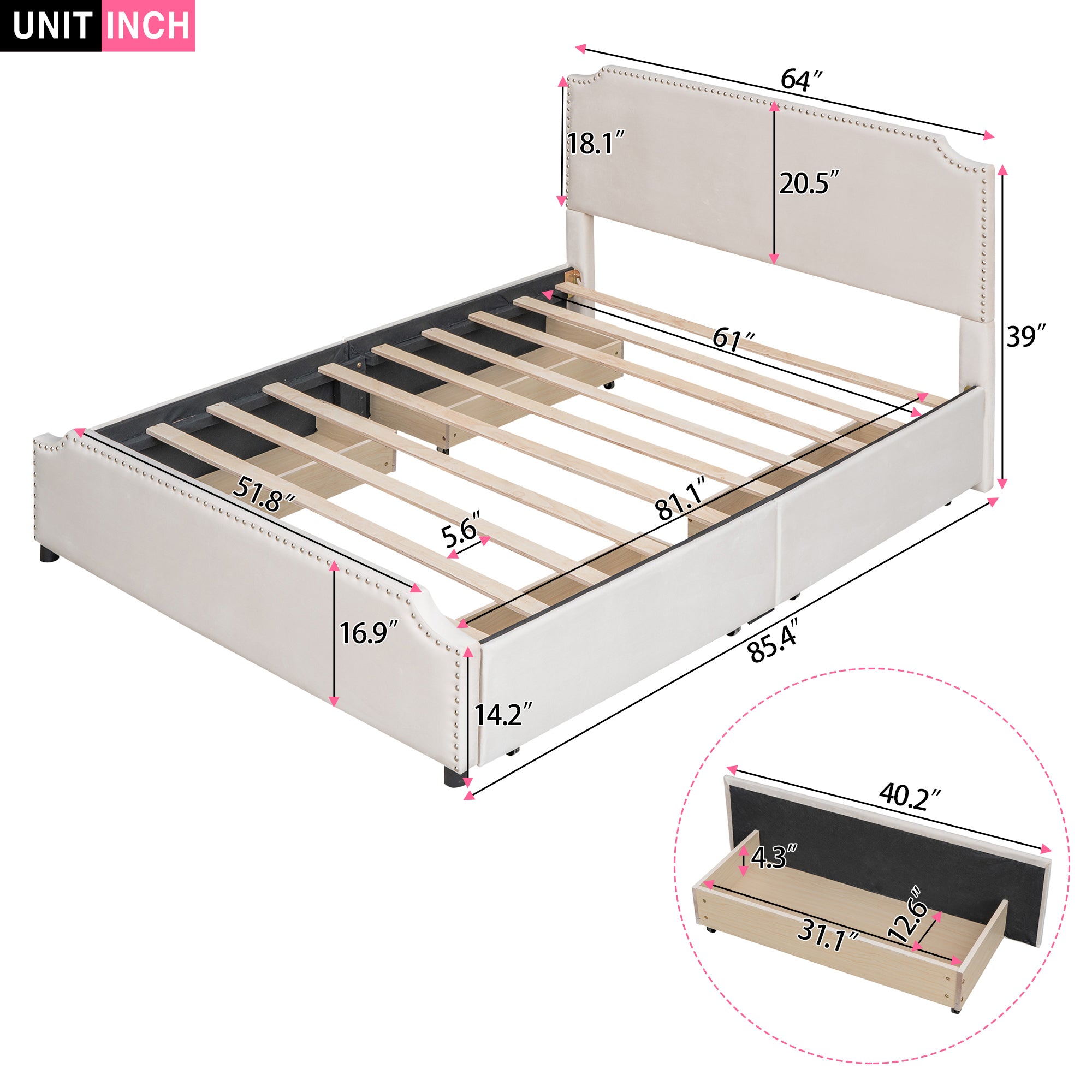 Queen Size Upholstered Platform Bed with Stud Trim Headboard and Footboard and 4 Drawers No Box Spring Needed, Velvet Fabric - Beige