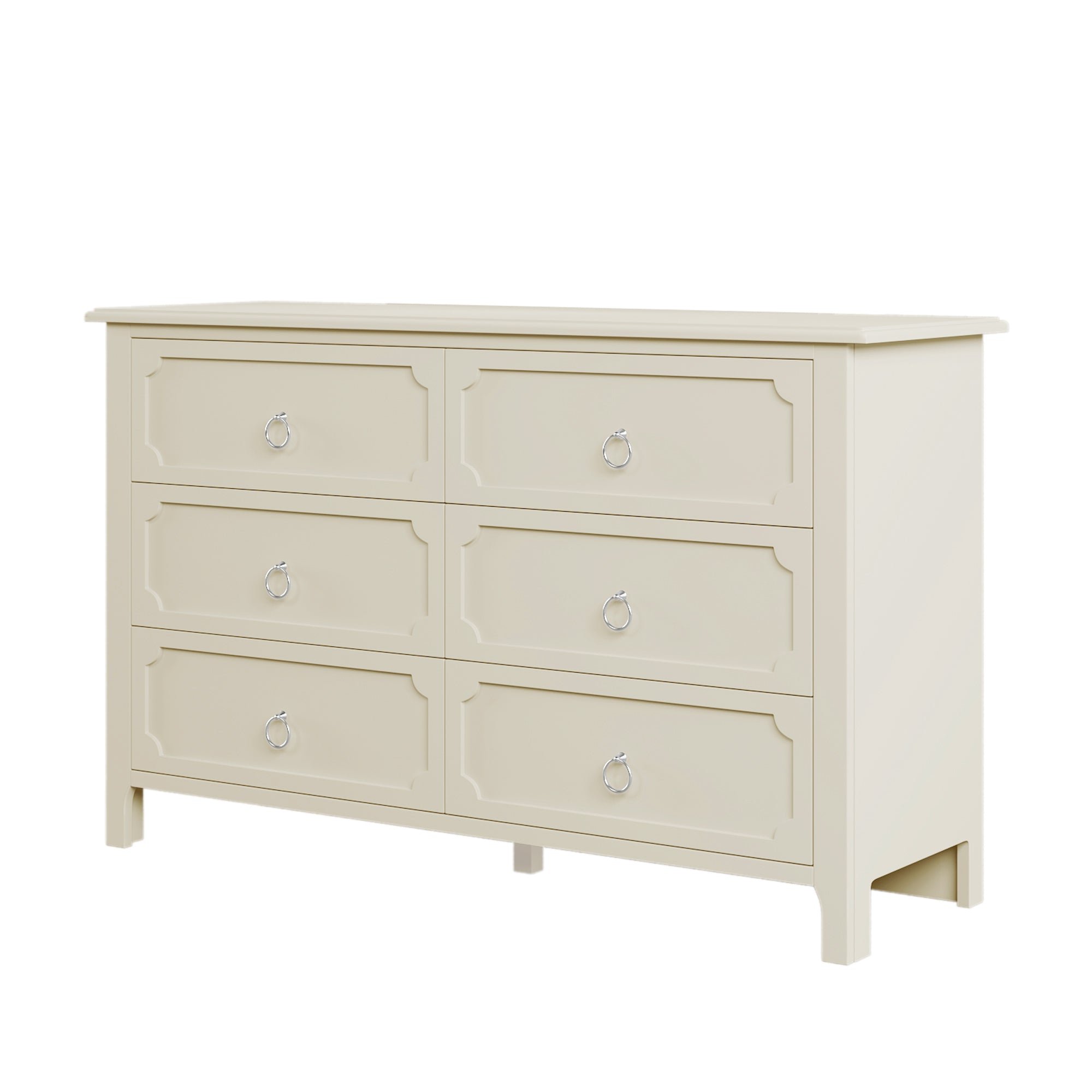 Milky Rubber Wooden Dresser 6 Large Drawers Silver Metal Handles - White