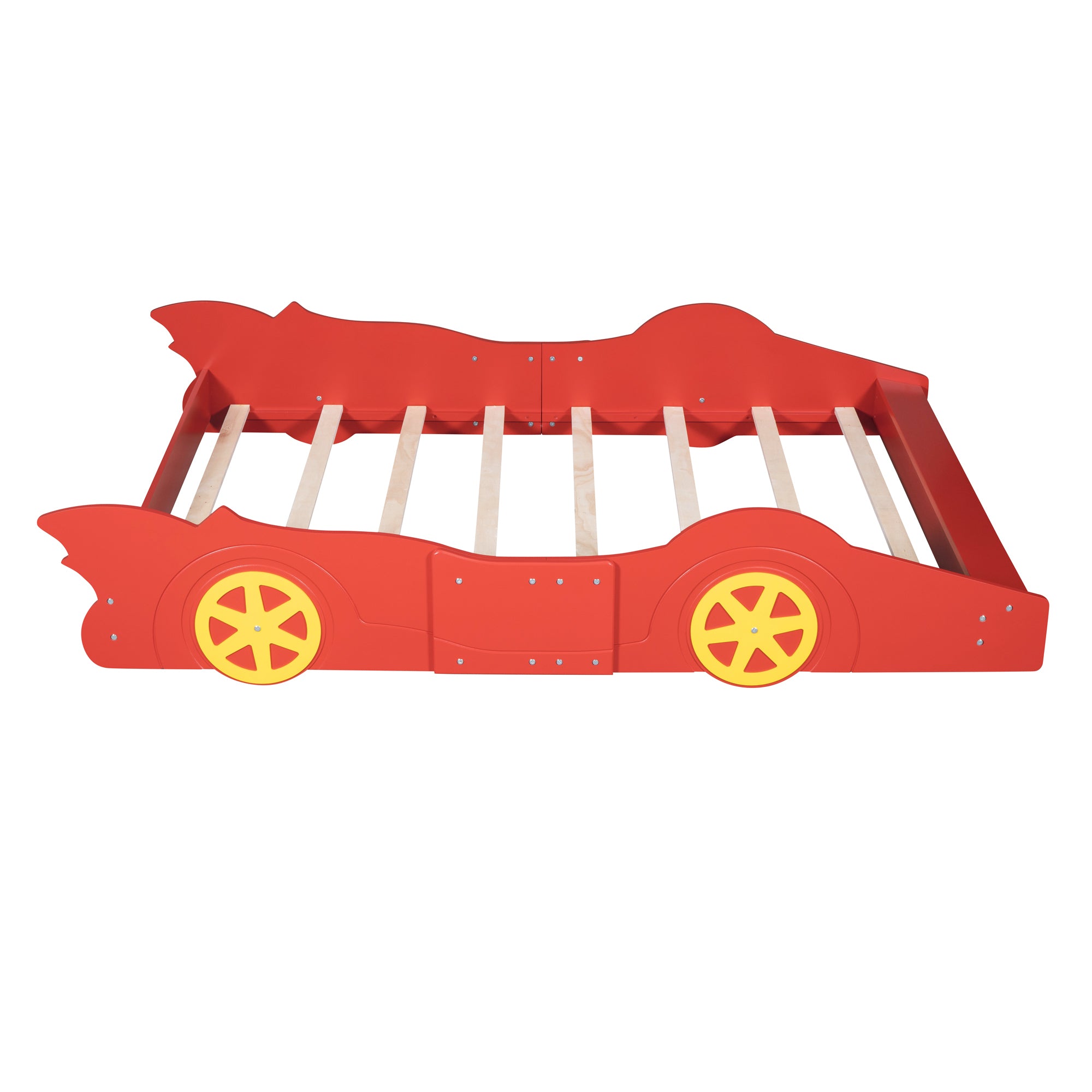 Full Size Race Car-Shaped Platform Bed with Wheels - Red