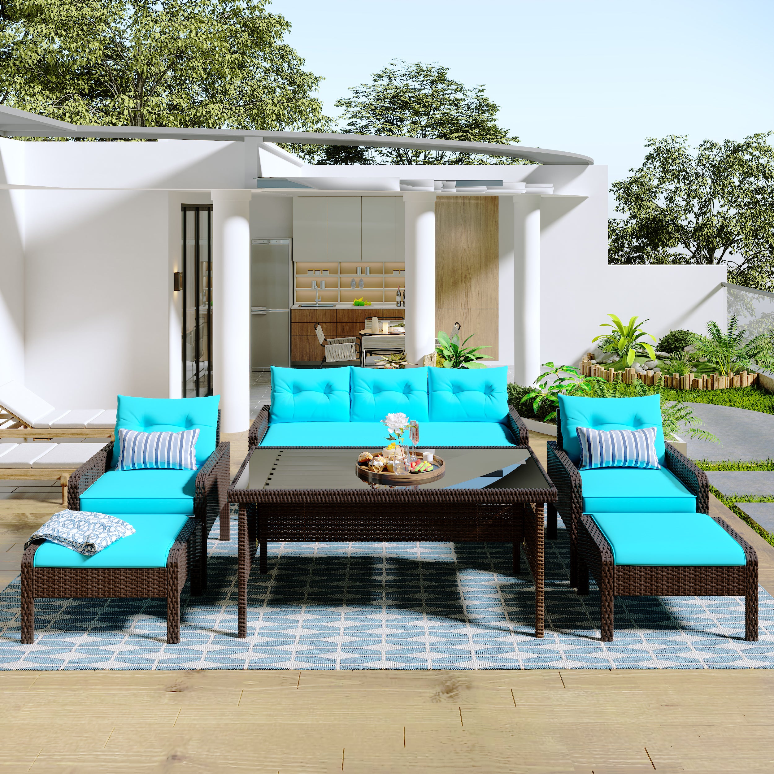 6-Piece Outdoor Patio Rattan Sofa Set with Removable Cushions and Glass Tea Table - Brown Wicker+Blue Cushion