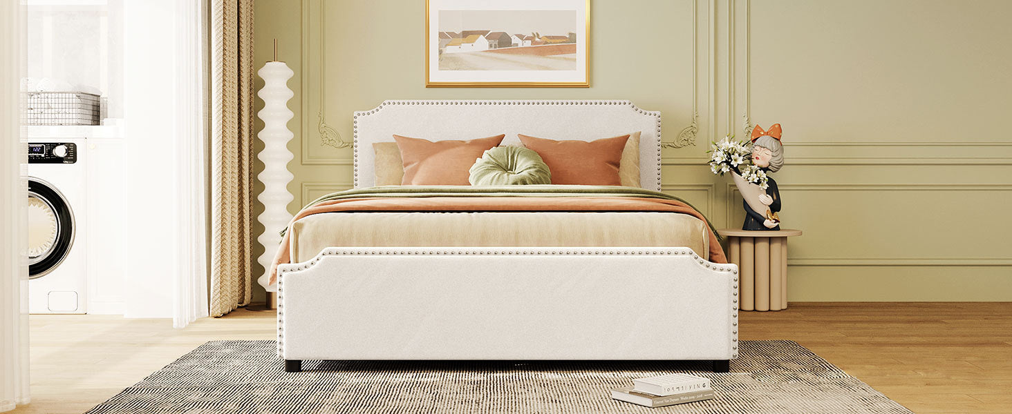 Queen Size Upholstered Platform Bed with Stud Trim Headboard and Footboard and 4 Drawers No Box Spring Needed, Velvet Fabric - Beige