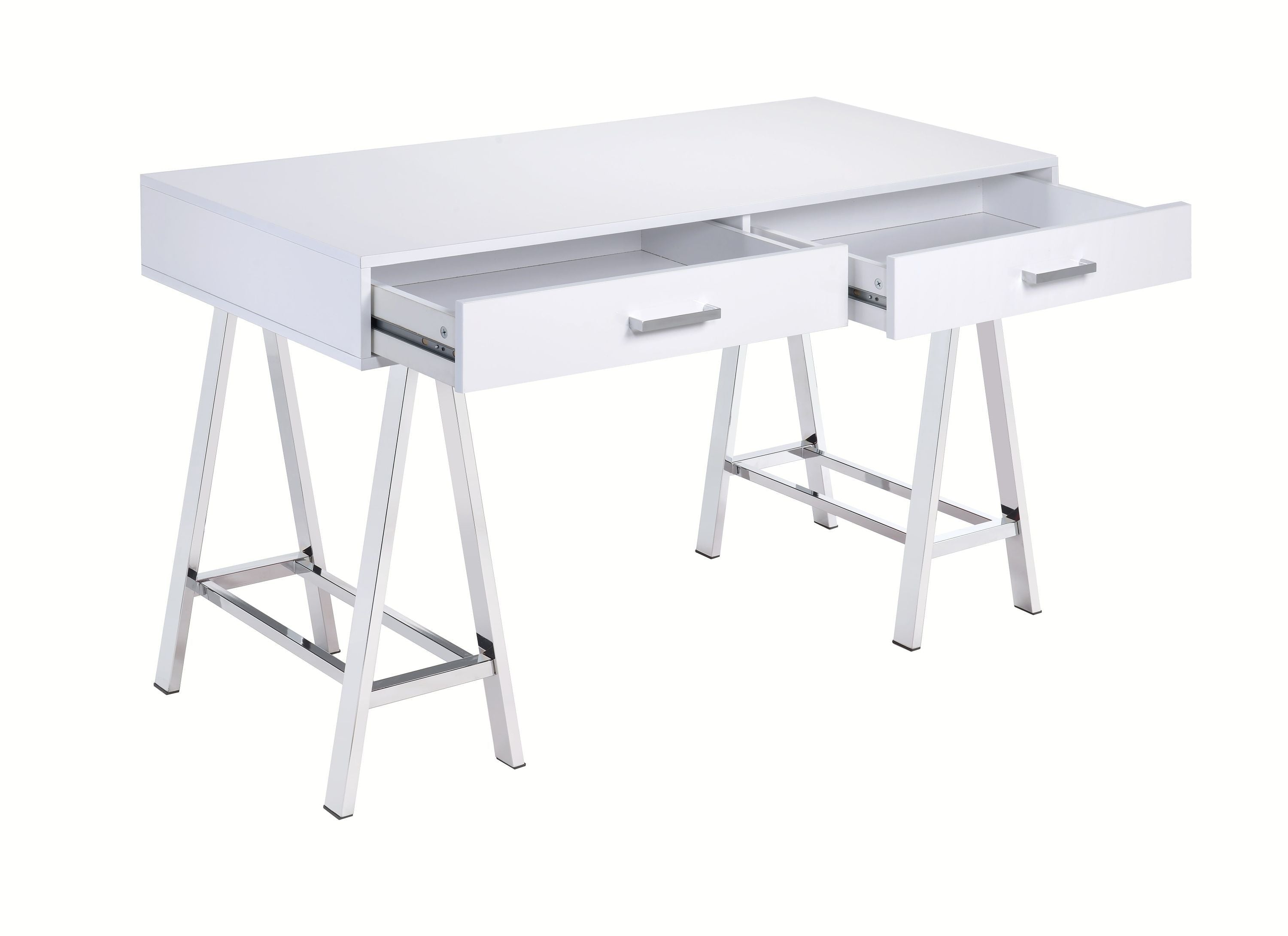 Contemporary Built-in USB Port Writing Desk - White High Gloss & Chrome Finish