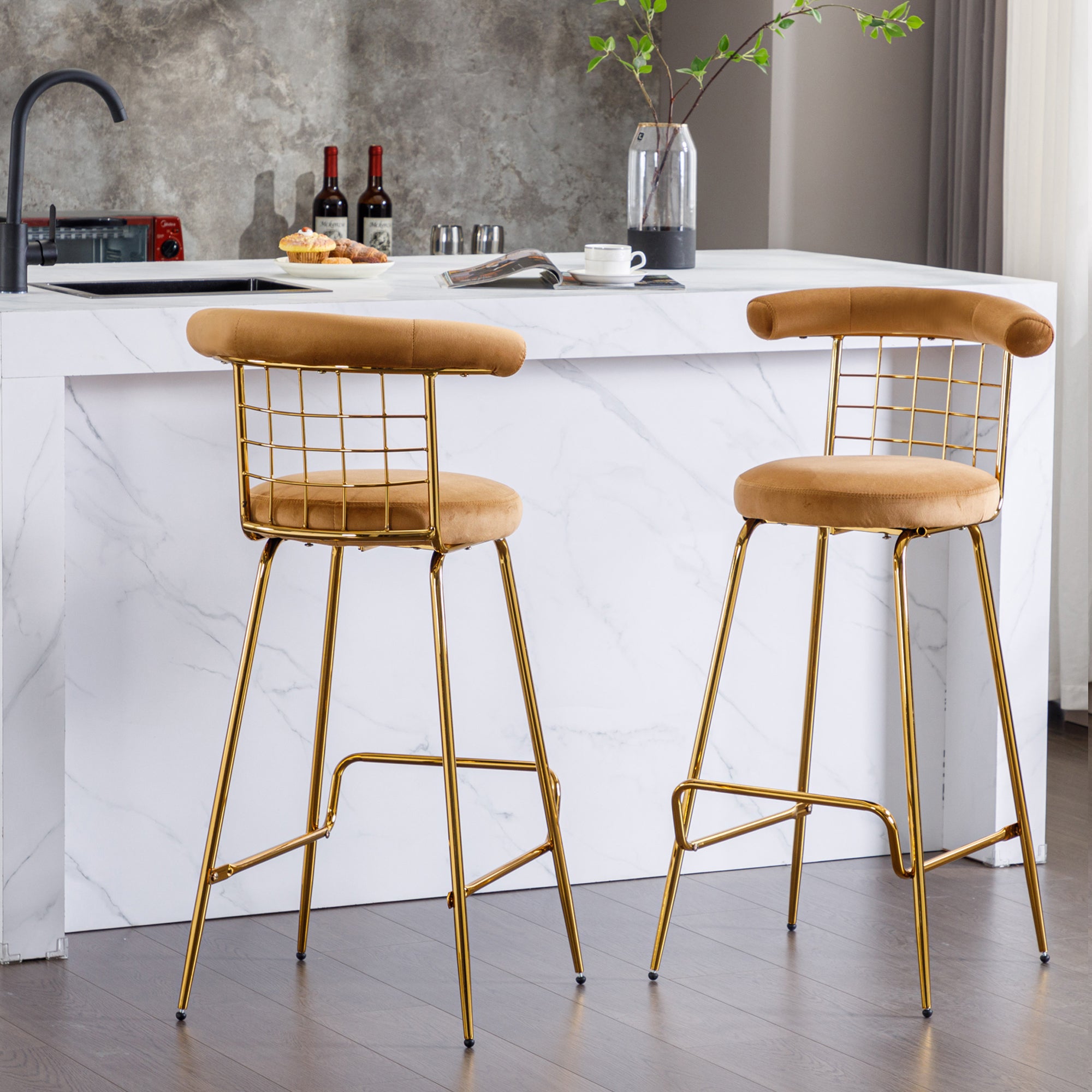 Luxury Velvet  High Bar Stool with Metal Legs and Soft Back - Camel