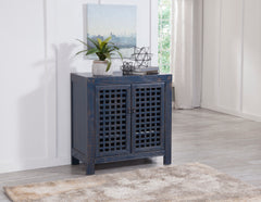 Farmhouse Style Accent Cabinet, Lattice Work Front - Distressed Navy Finish