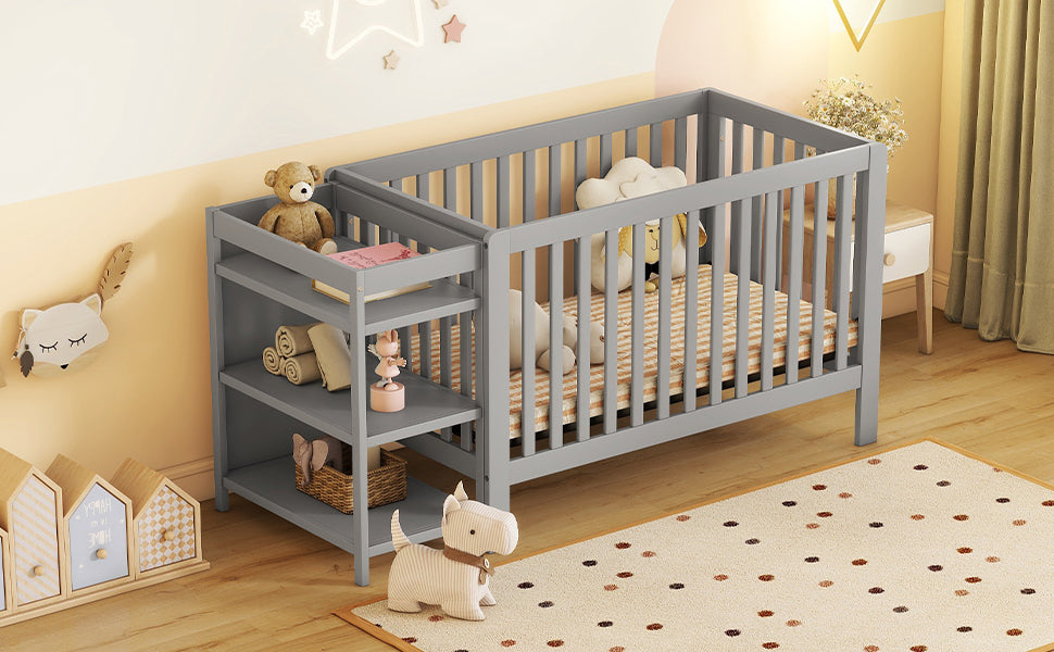 Convertible Crib/Full Size Bed with Changing Table - Gray