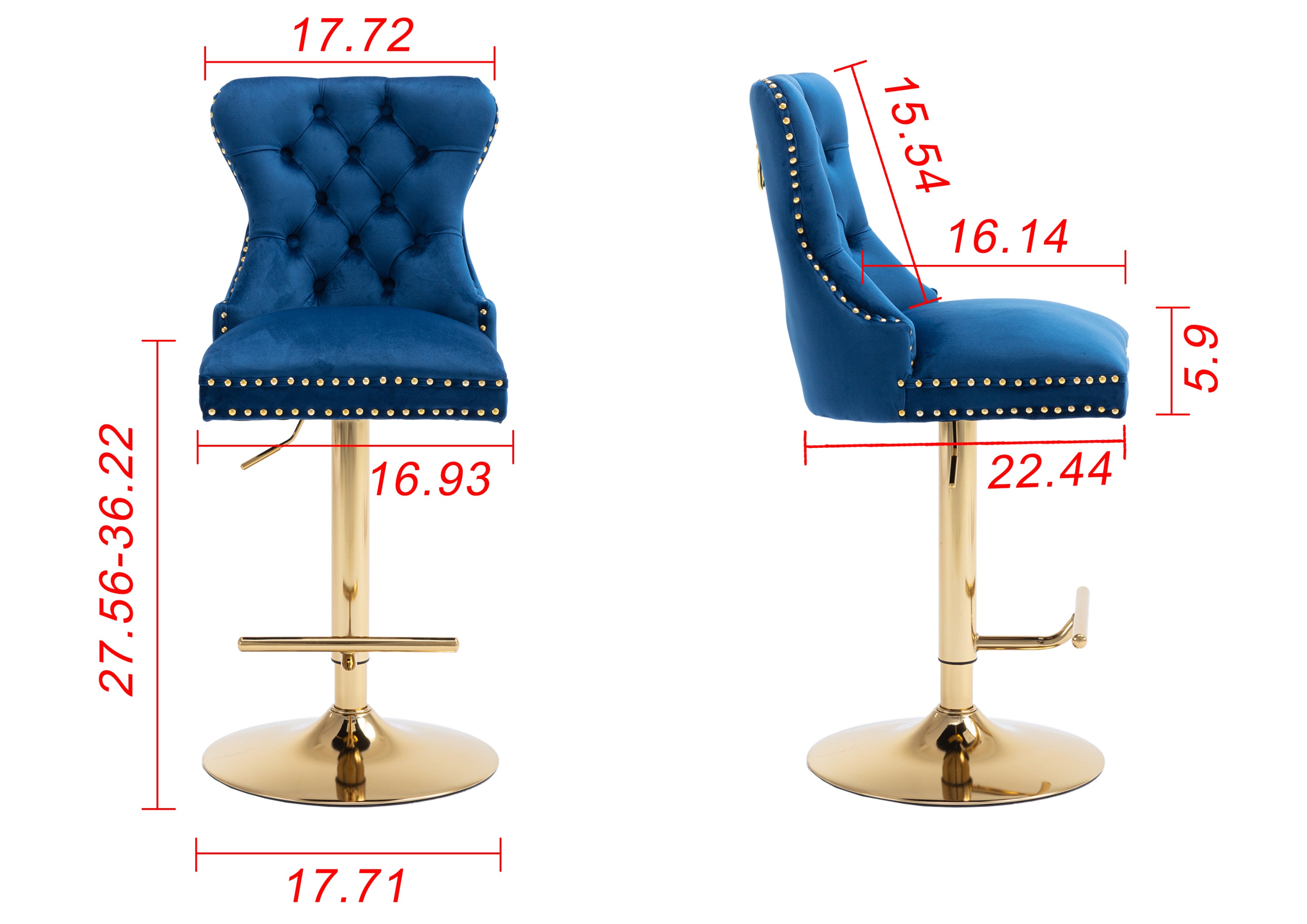 Modern Swivel Bar Stools Chair Adjustable (Set of 2) - Chrome Golden Base/ Blue