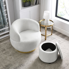 Swviel Barrel Chair Gold Stainless Steel Base with Storage Ottoman - Teddy Fabric Ivory