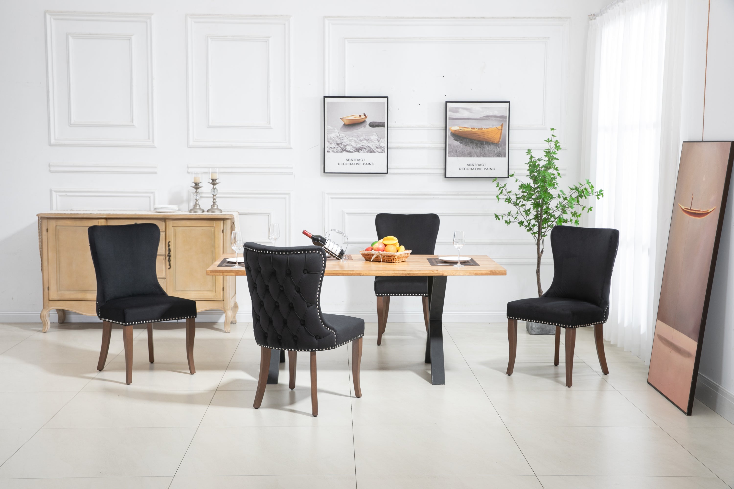 Velvet Upholstered Dining Chairs with Designed Back and Nailhead trim and Solid Wood Legs (Set of 2) - Black