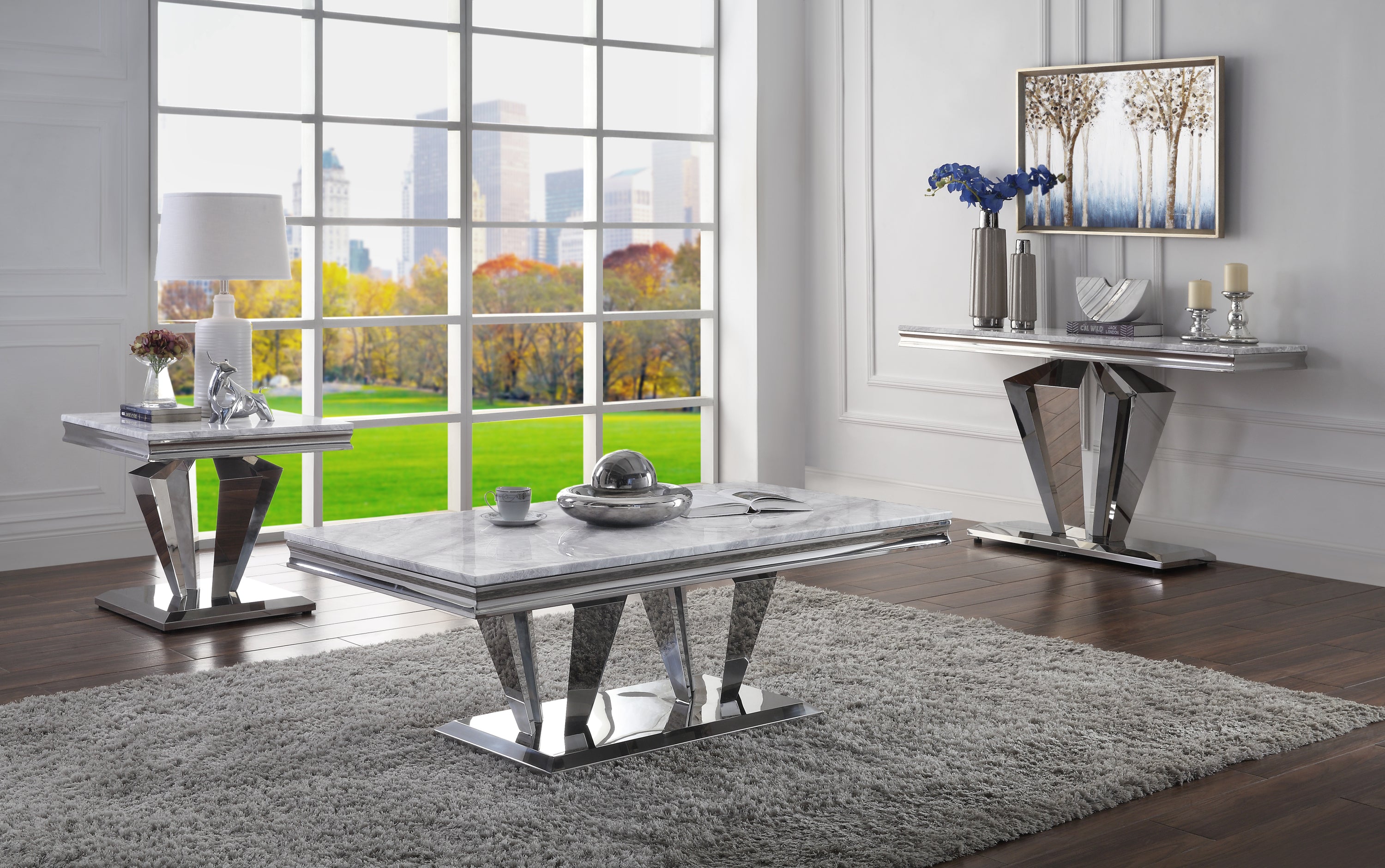 Satinka Coffee Table, Light Gray Printed Faux Marble & Mirrored Silver Finish