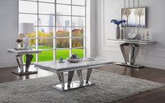 Satinka End Table, Light Gray Printed Faux Marble & Mirrored Silver Finish