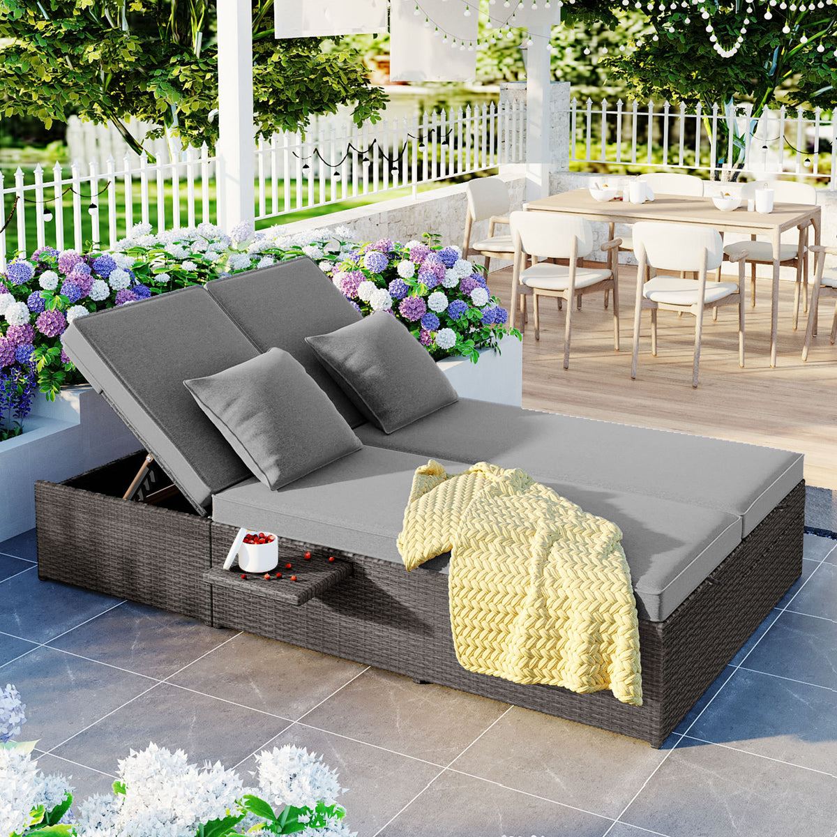 Outdoor Double Sun bed, Wicker Rattan Patio Reclining Chairs with Adjustable Backrest and Seat, Conversational Set for 2 Person - Gray