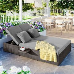 Outdoor Double Sun bed, Wicker Rattan Patio Reclining Chairs with Adjustable Backrest and Seat, Conversational Set for 2 Person - Gray