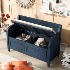 Rustic Style Solid Wood Entryway Storage Bench with Safety Hinge - Antique Navy + Beige