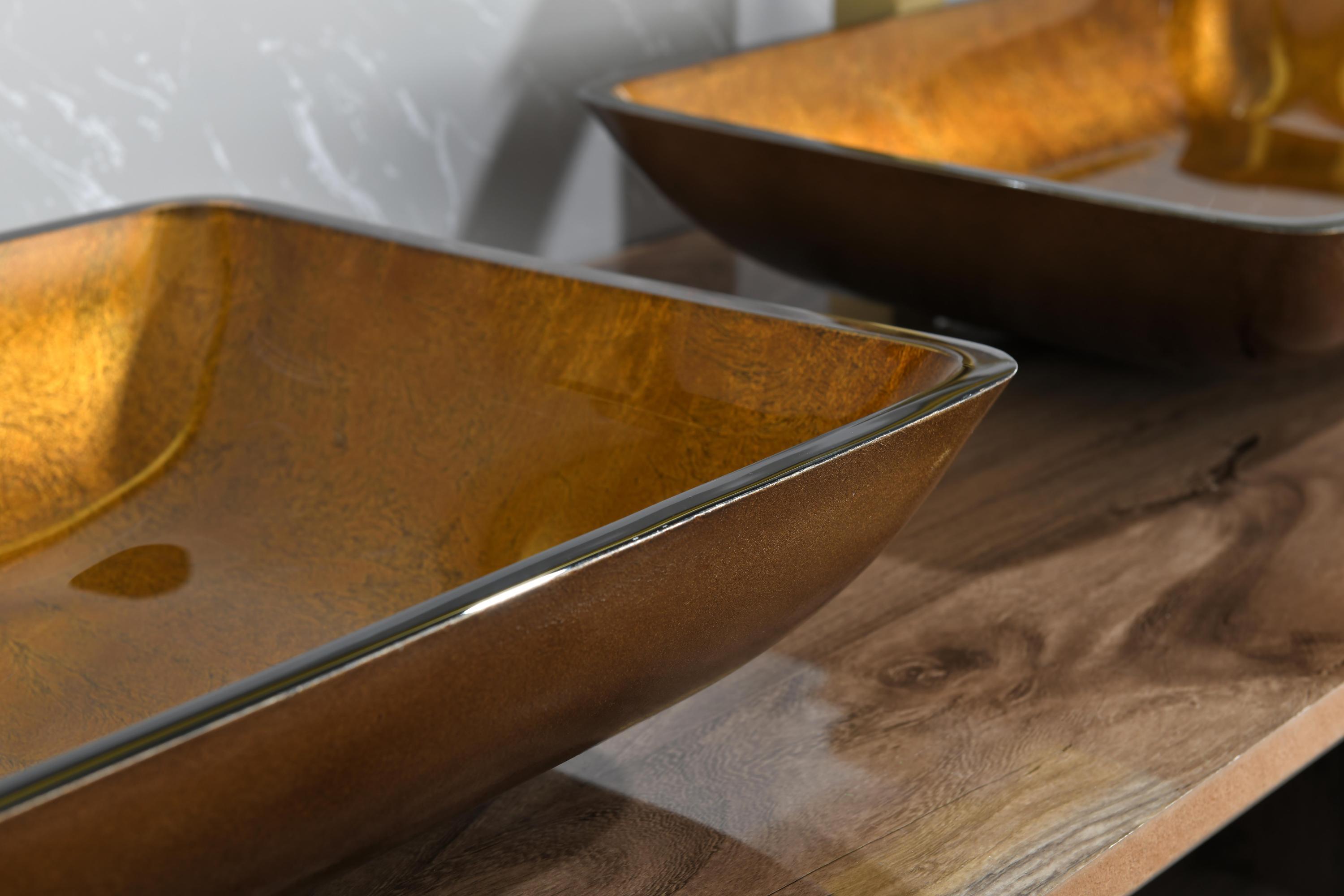 22.25" L -14.25" W -4 1/2" H Glass Rectangular Vessel Bathroom Sink Set with Gold Faucet and Gold Pop Up Drain
