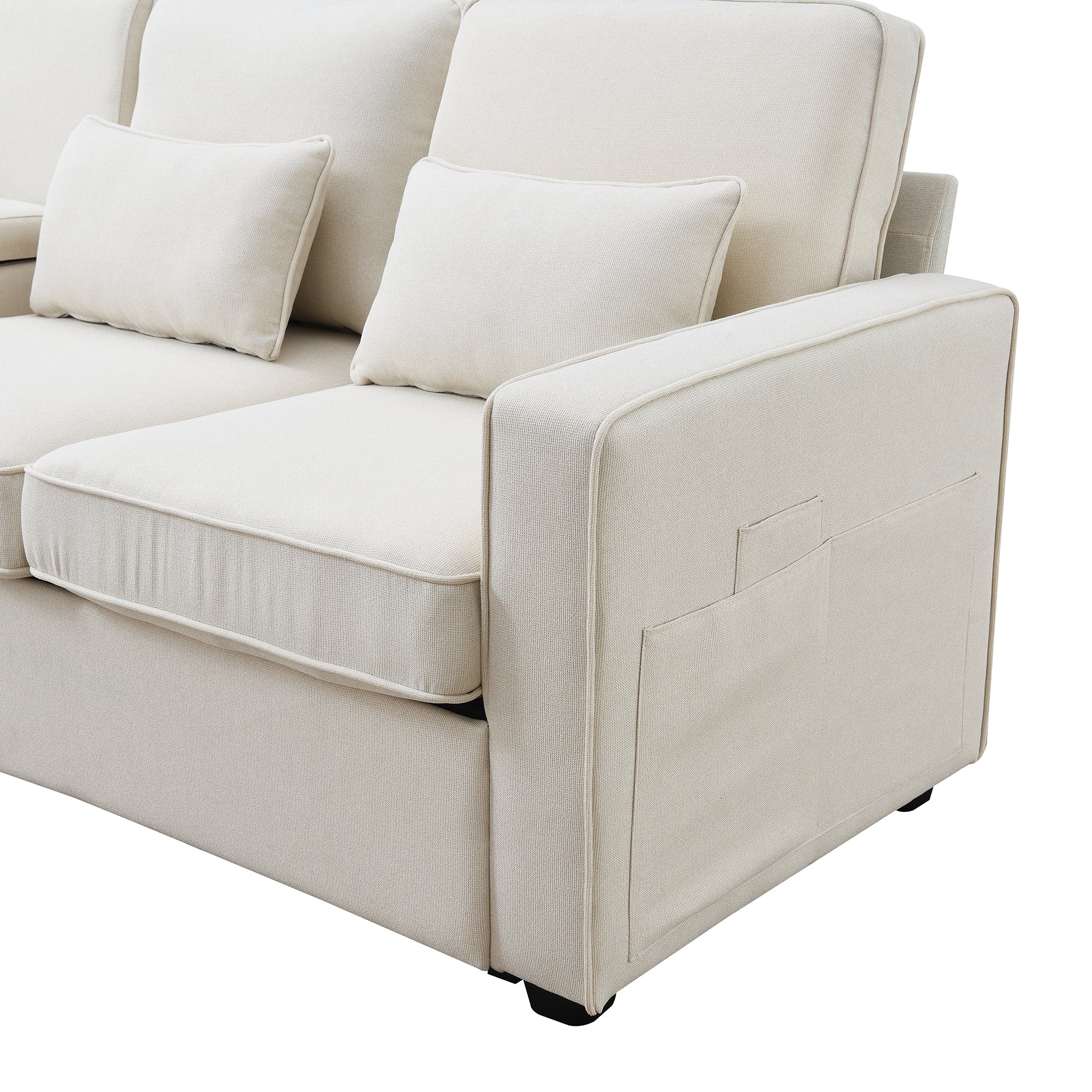 104" 4-Seater Modern Linen Fabric Sofa with Armrest Pockets and 4 Pillows,Minimalist Style Couch - Beige