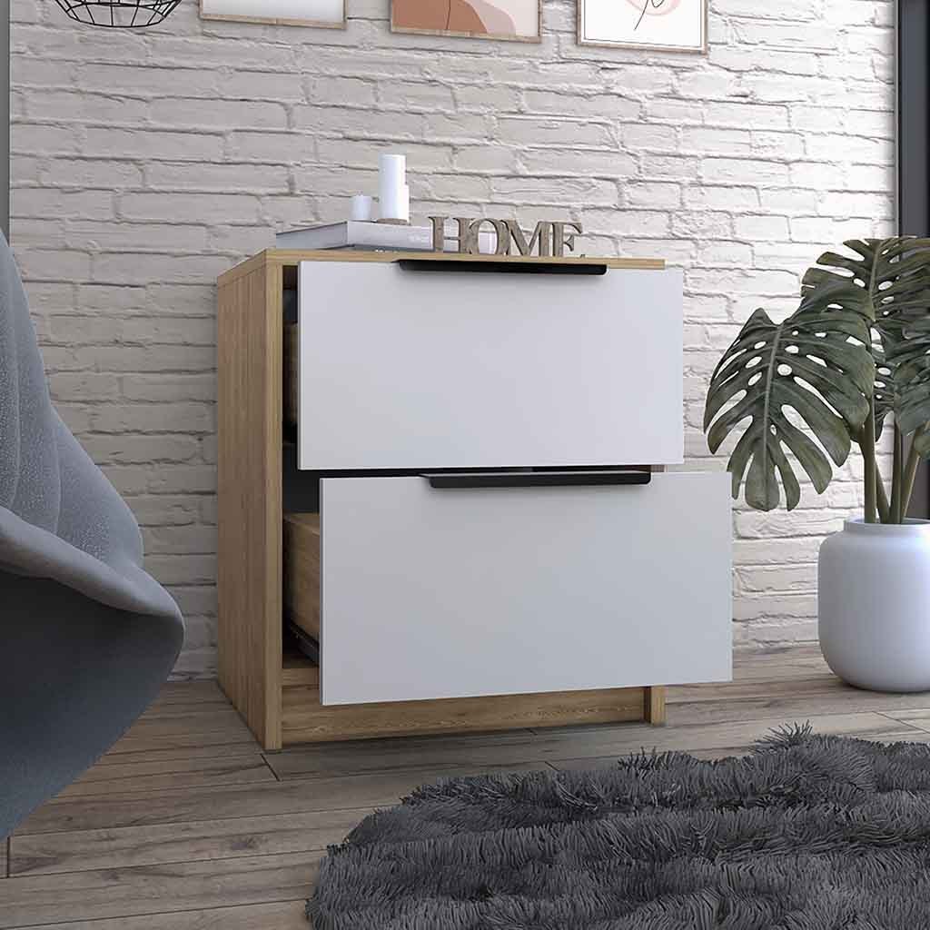 Nightstand Cervants, Two Drawers, Metal Handle - White / Pine Finish