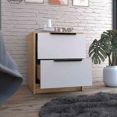 Nightstand Cervants, Two Drawers, Metal Handle - White / Pine Finish