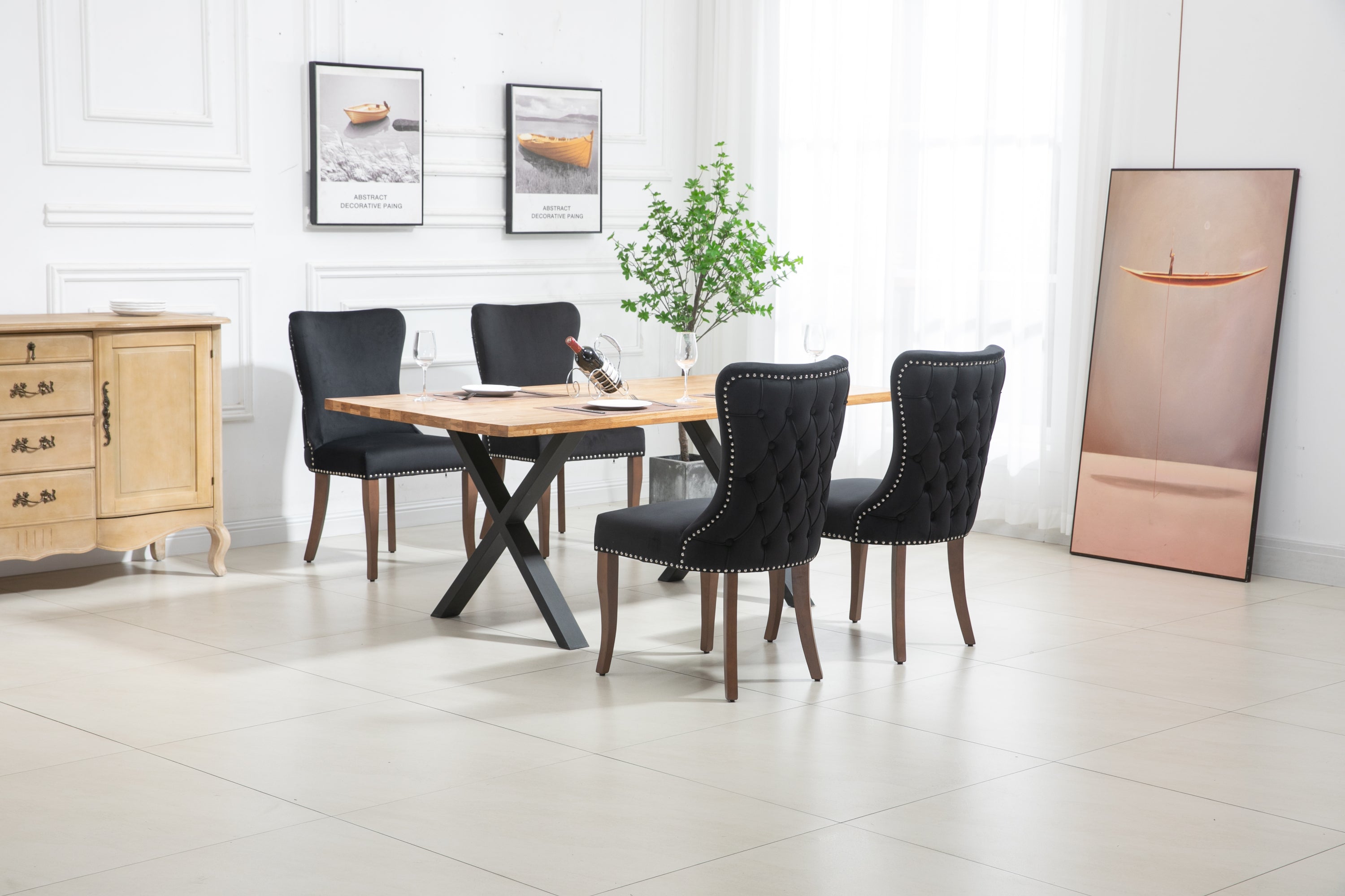 Velvet Upholstered Dining Chairs with Designed Back and Nailhead trim and Solid Wood Legs (Set of 2) - Black