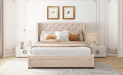 Queen Size Storage Bed Velvet Upholstered Platform Bed - Beige