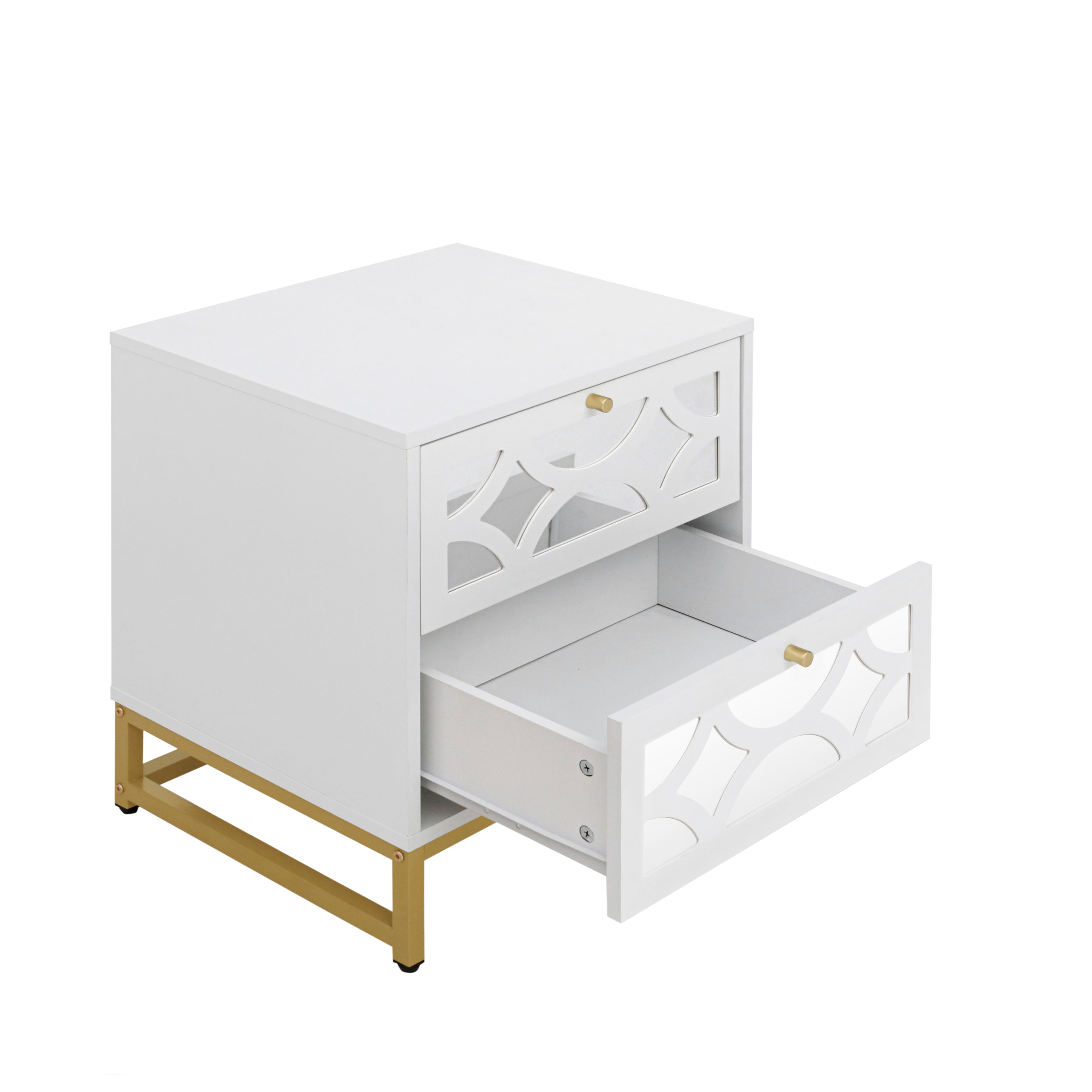 Small Bedside Table with 2 Drawers, White Mirrored Nightstand, with Gold Legs