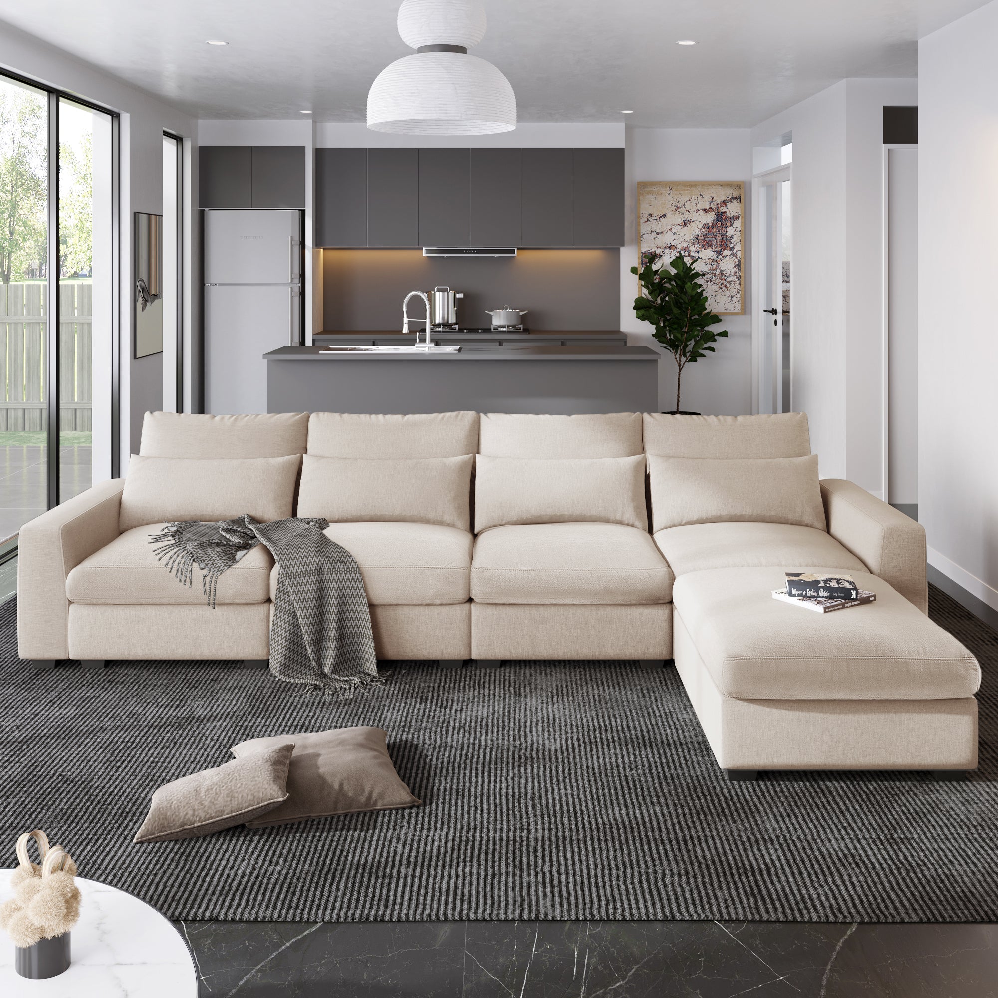 Modern Large L-Shape Feather Filled Sectional Sofa,  Convertible Sofa Couch with Reversible Chaise - Beige