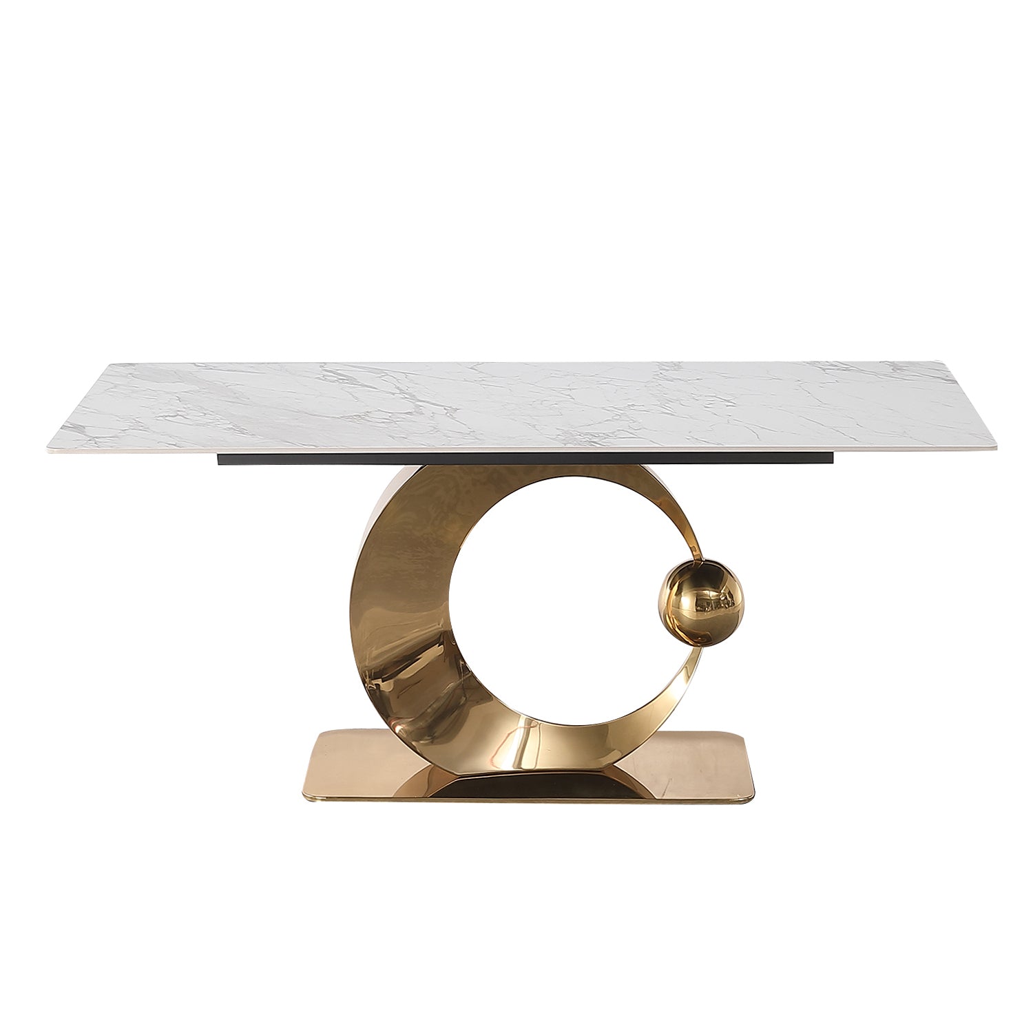 Stone Dining Table with Carrara White color and Round special shape stainless steel Gold Pedestal Base