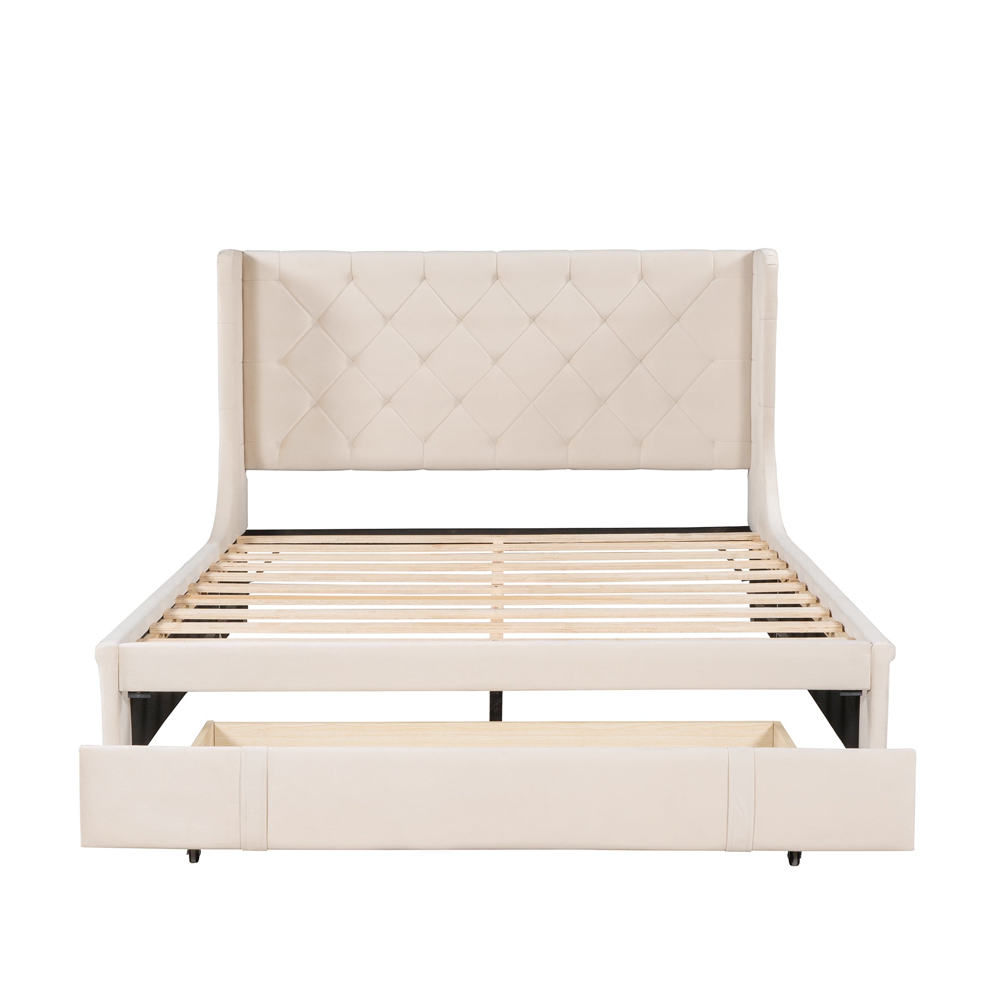 Queen Size Storage Bed Velvet Upholstered Platform Bed - Beige