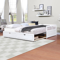 Extendable  Daybed with Trundle Bed and Two Storage Drawers - White
